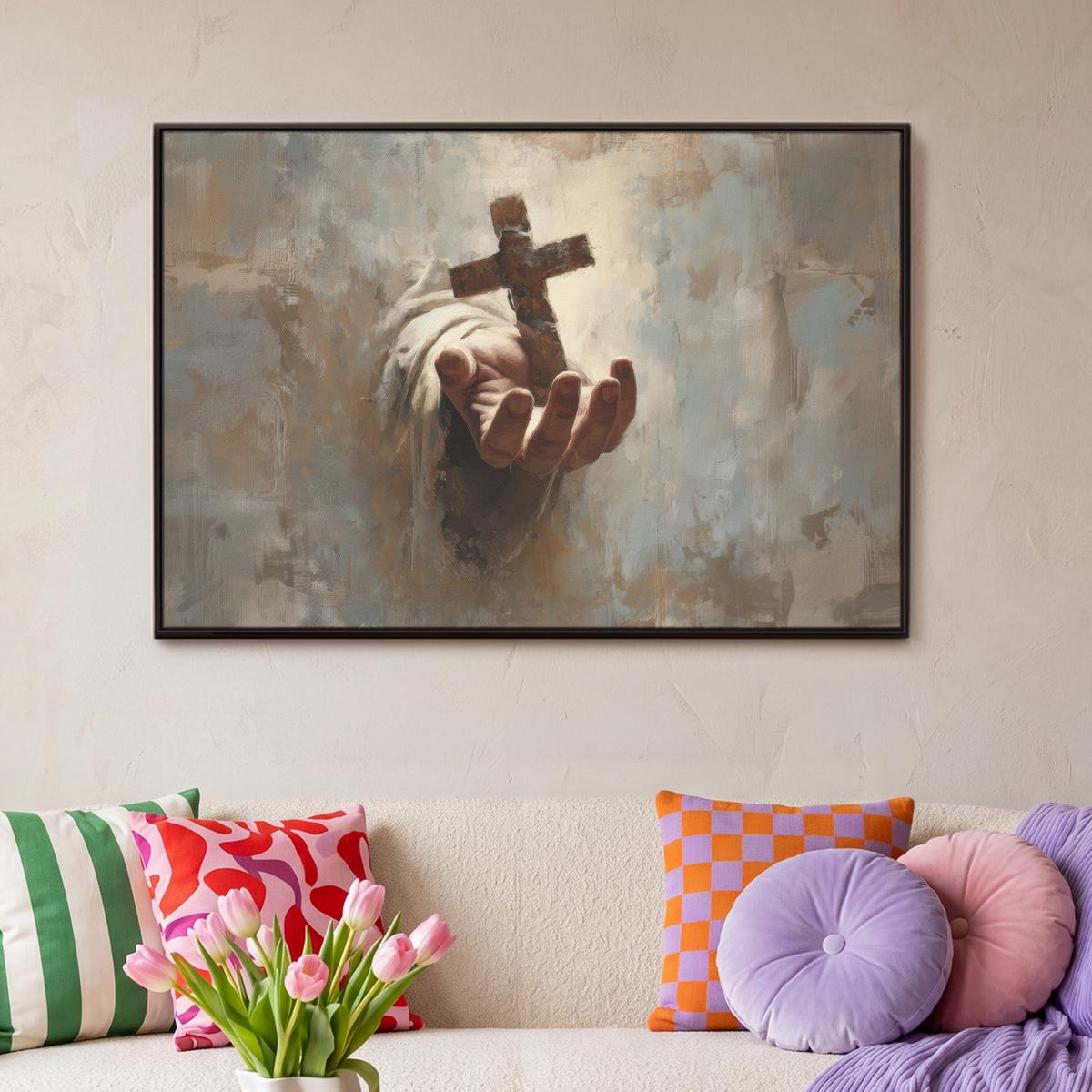LEINWAND Bilder mit Rahmen - Abstrakt - Kreuz - Hand - Christentum - 90x60 - Hellbraun, Textil (90/60cm) - MuchoWow