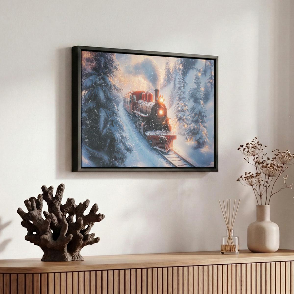 LEINWAND Bilder mit Rahmen - Weihnachtszug - Schnee - Winter - Weihnachten - 30x20 - Dunkelrot, Textil (30/20cm) - MuchoWow
