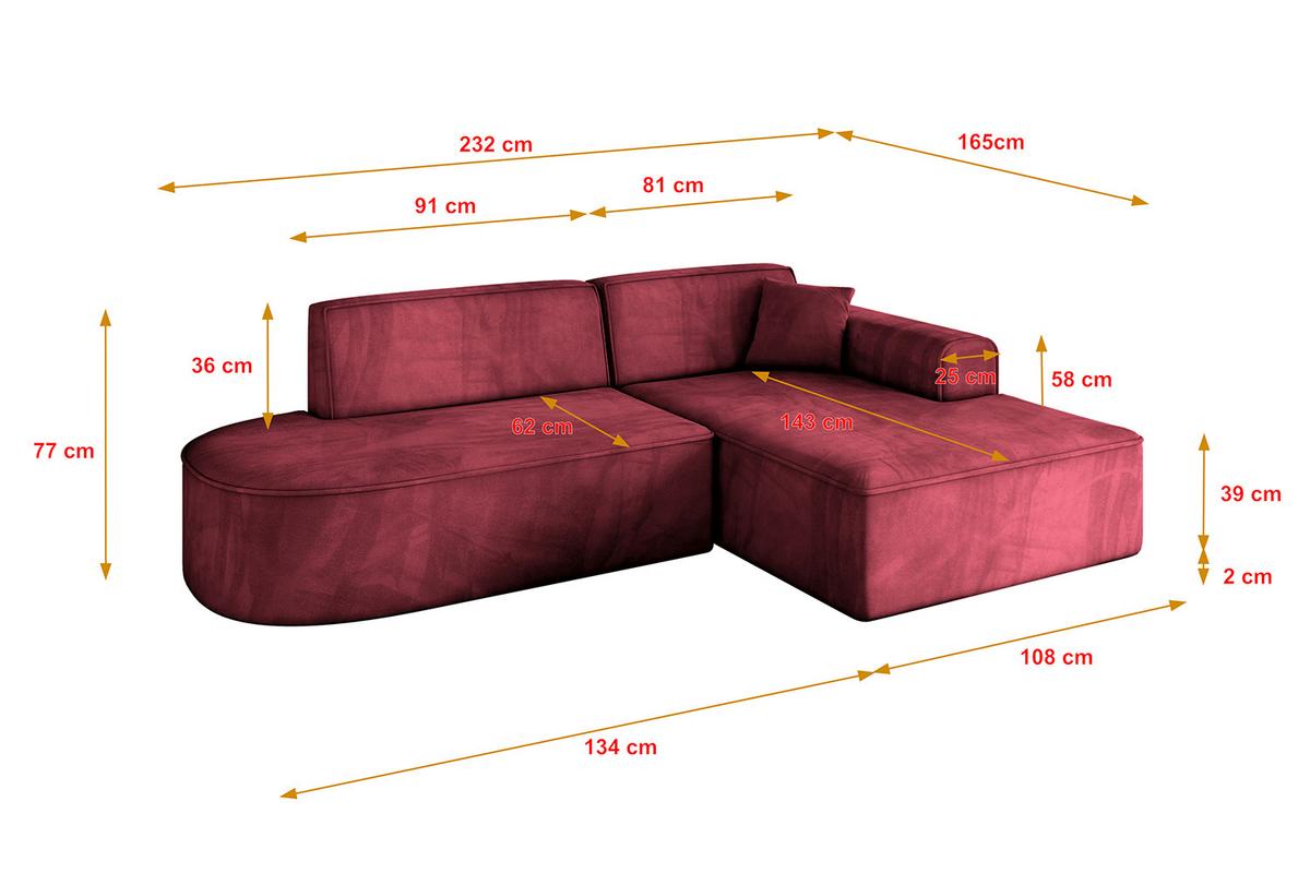 ECKSOFA Ottomane Rechts IREA-L1-v3 - 232x165x77 cm Bordeauxrot - Bordeaux, Holzwerkstoff/Textil (232/165cm) - ALTDECOR