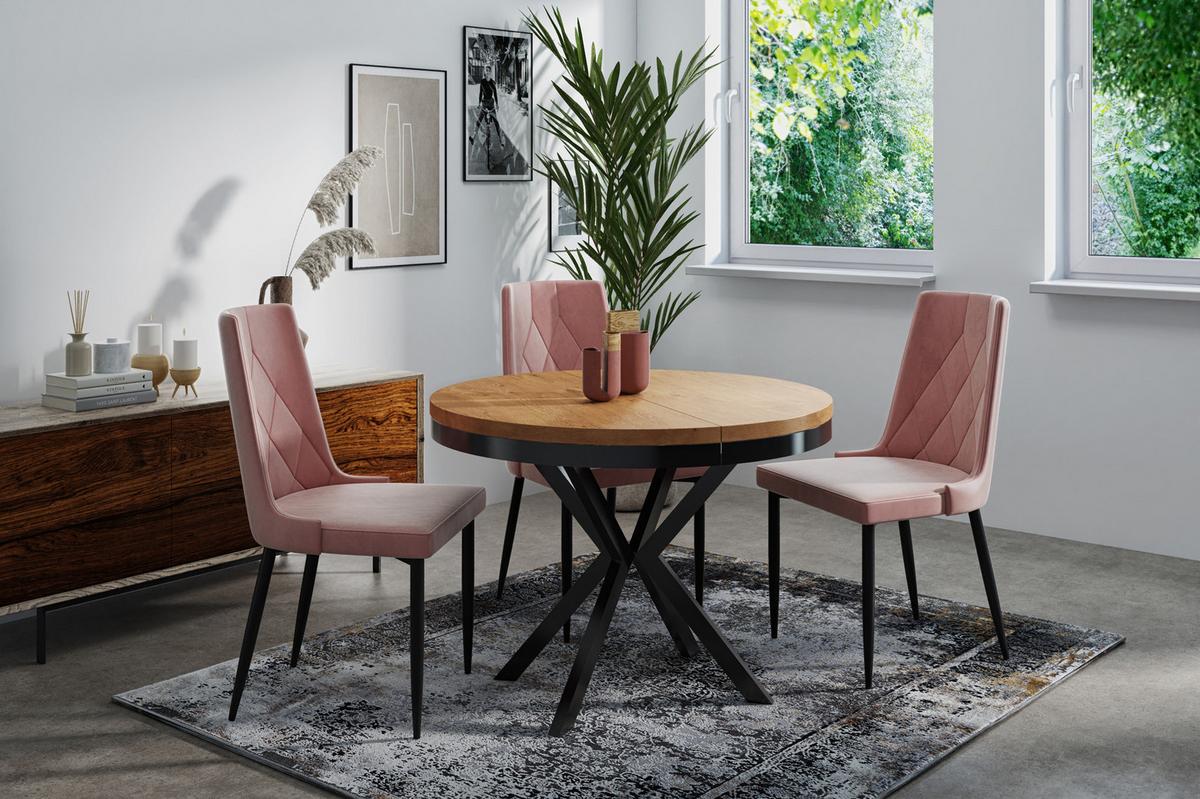 ESSTISCH Ross runder ausziehbarer, Lancelot Eiche 90-170/90/76 cm - Eichefarben/Schwarz, Holzwerkstoff/Metall (90/170/76cm) - WFL GROUP