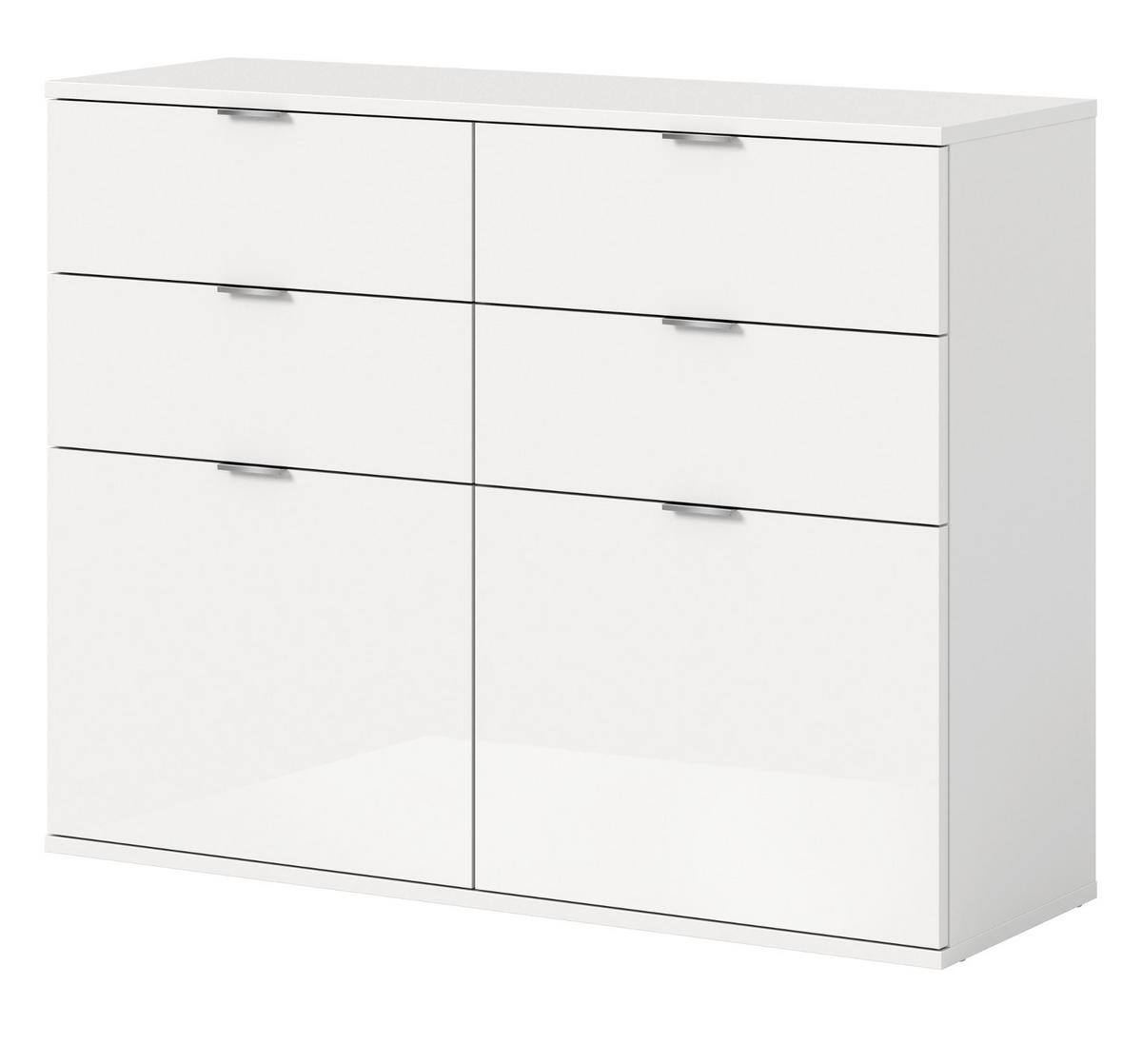 KOMMODE weiß Hochglanz 110 cm, Schuhschrank mit 4 Vollauszug Schubkästen und 4 Fächern - Chromfarben/Weiß Hochglanz, Holzwerkstoff/Kunststoff (110/85/37cm) - Inn.Furn