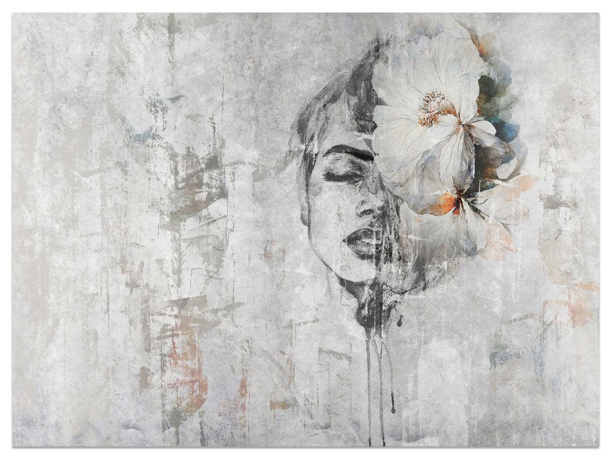 FOTOTAPETE für Schlafzimmer Frau Porträt Blume Beton Abstraktion 400x280 - Blau/Orange, Papier (400/280cm) - Muralo