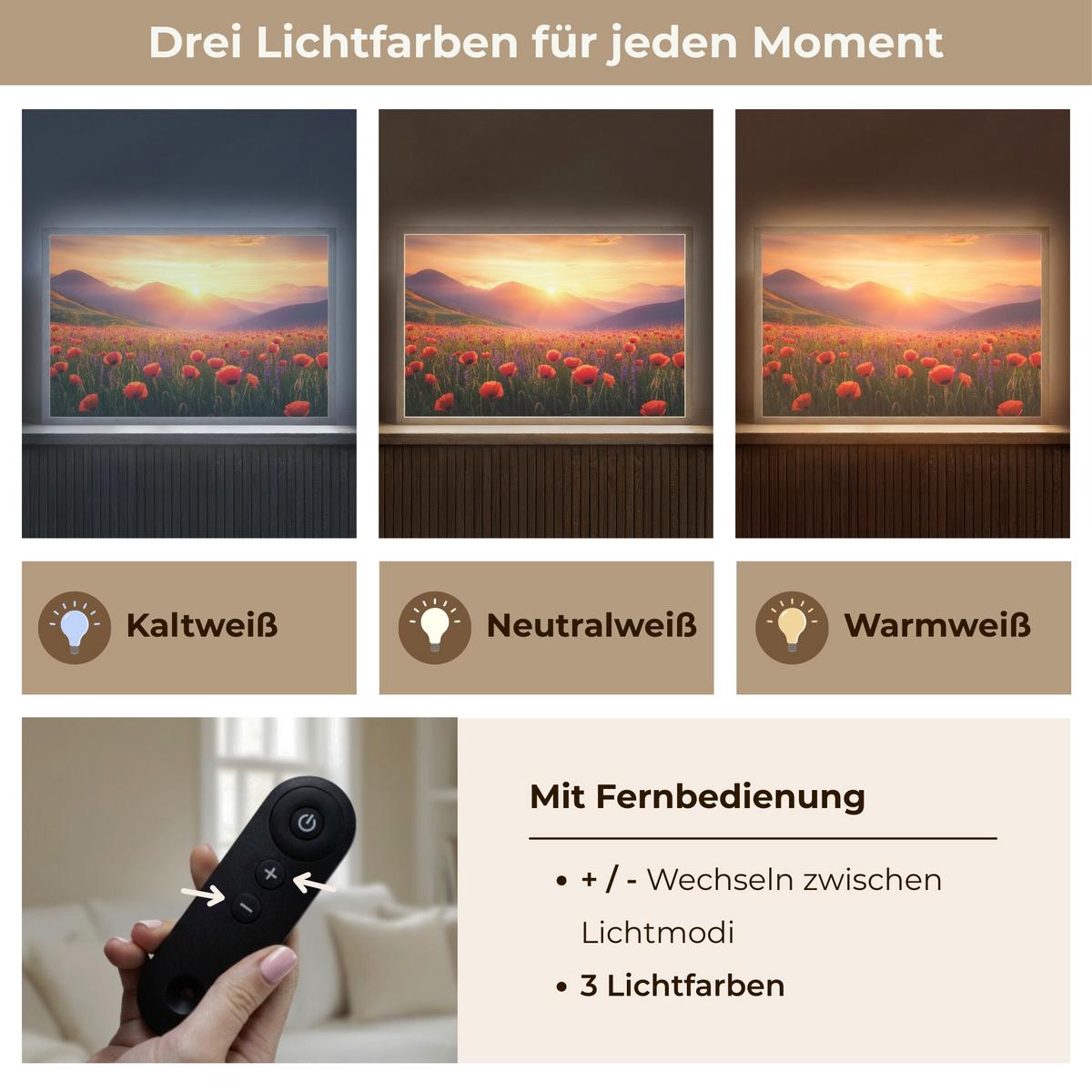 WANDLEUCHTE MIT AKKU Landschaft - Sonnenuntergang - Blumenfeld 60x40 cm - Rot, Holzwerkstoff (60/40/8cm) - OnlyWow