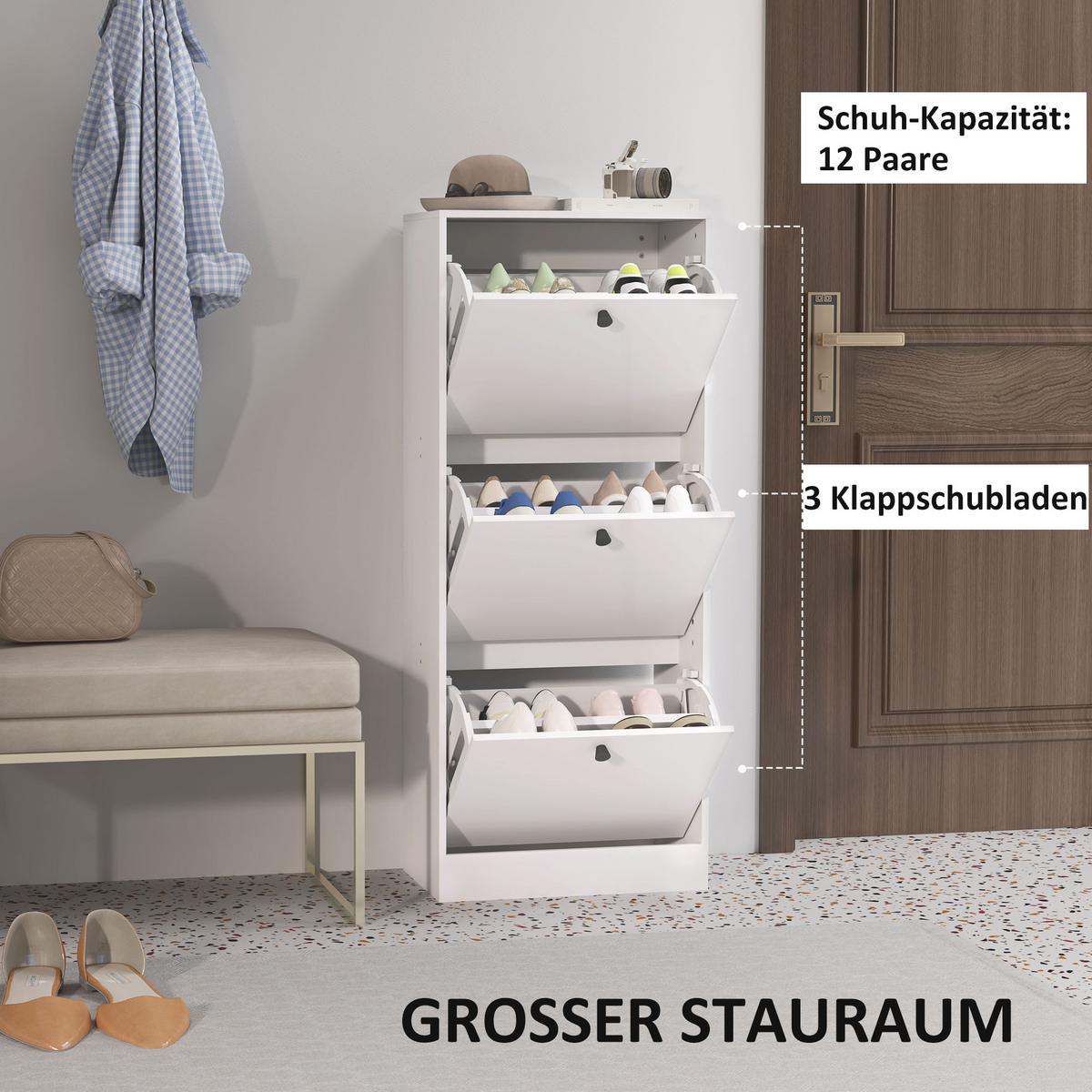 SCHUHSCHRANK mit 3 Klappen, 47 x 28 x 115 cm, Weiß - Weiß, Holzwerkstoff (28/115/47cm) - HOMCOM