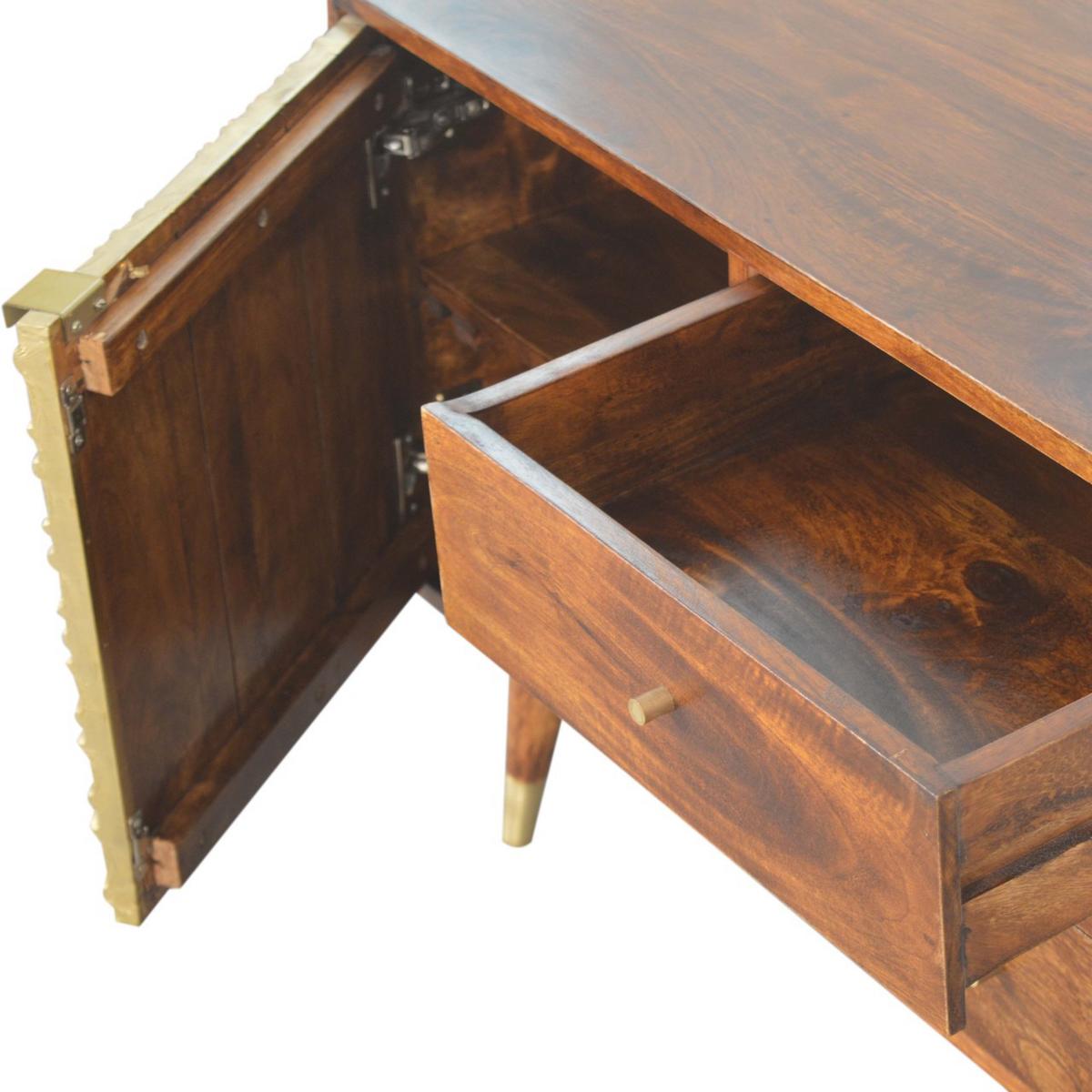 SIDEBOARD Kastanien-Finish, 3 Schubladen, 1 großes Regal, Braun und Gold - Braun, Mangoholz/Holz (35/60/85cm) - Artisan Furniture