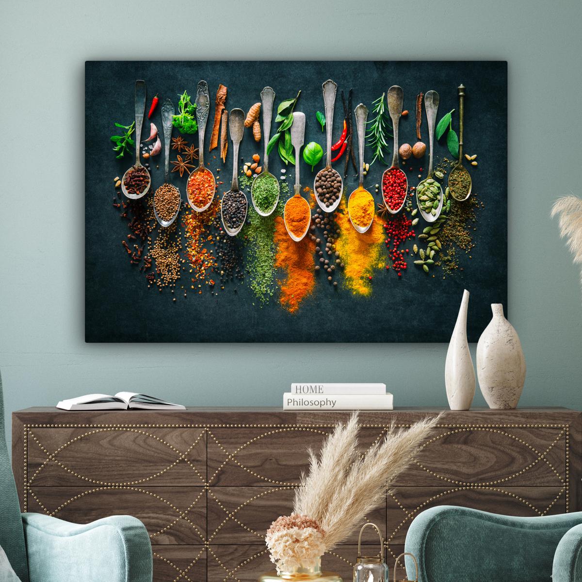 LEINWANDBILD Kräuter - Gewürze - Löffel Groß 140x90 cm - Currygelb, Textil (140/90cm) - MuchoWow