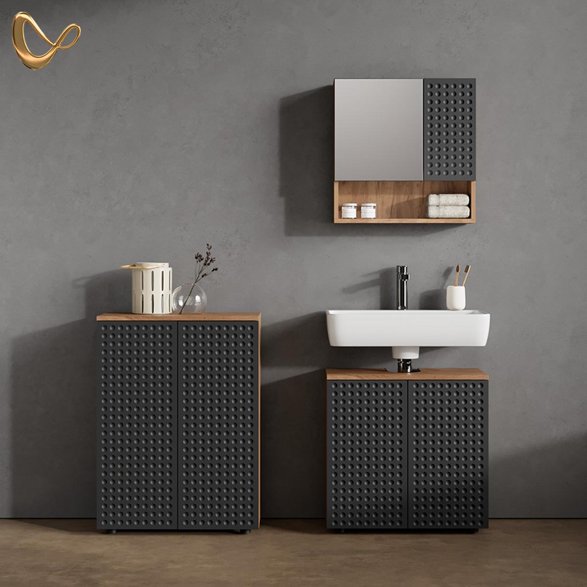 BADMÖBEL-SET Ronco Anthrazit gepunktet 3 Teile, mit Unterschrank 60 cm - Anthrazit, Holzwerkstoff (80/58.6/41cm) - Livinity®