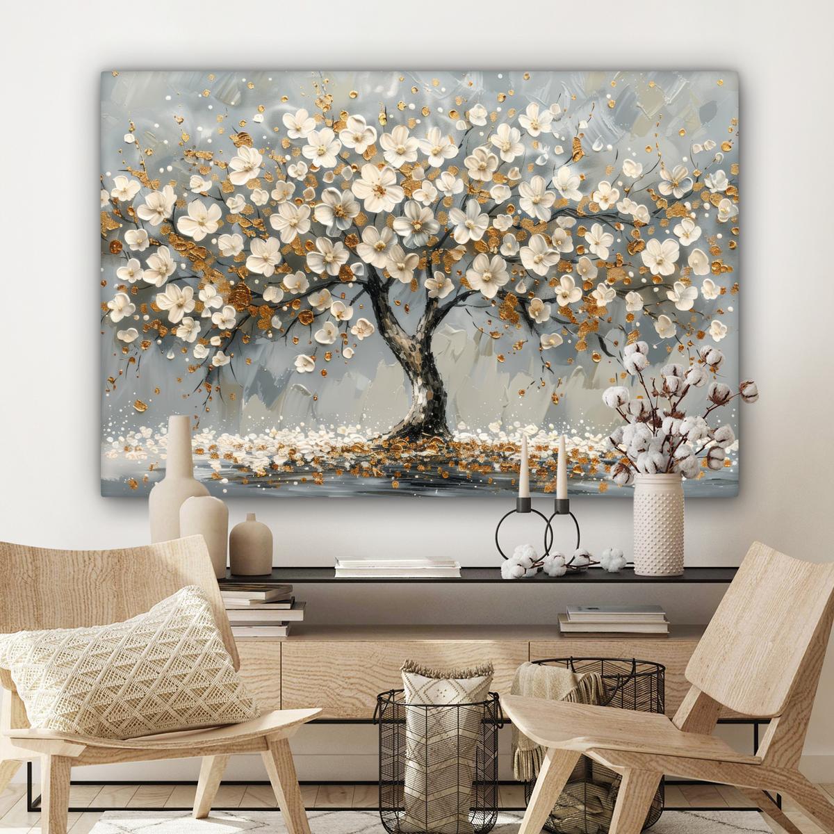 LEINWANDBILD Baum - Blumen - Weiß - Natur - Kunst Groß 140x90 cm - Weiß, Textil (140/90cm) - MuchoWow