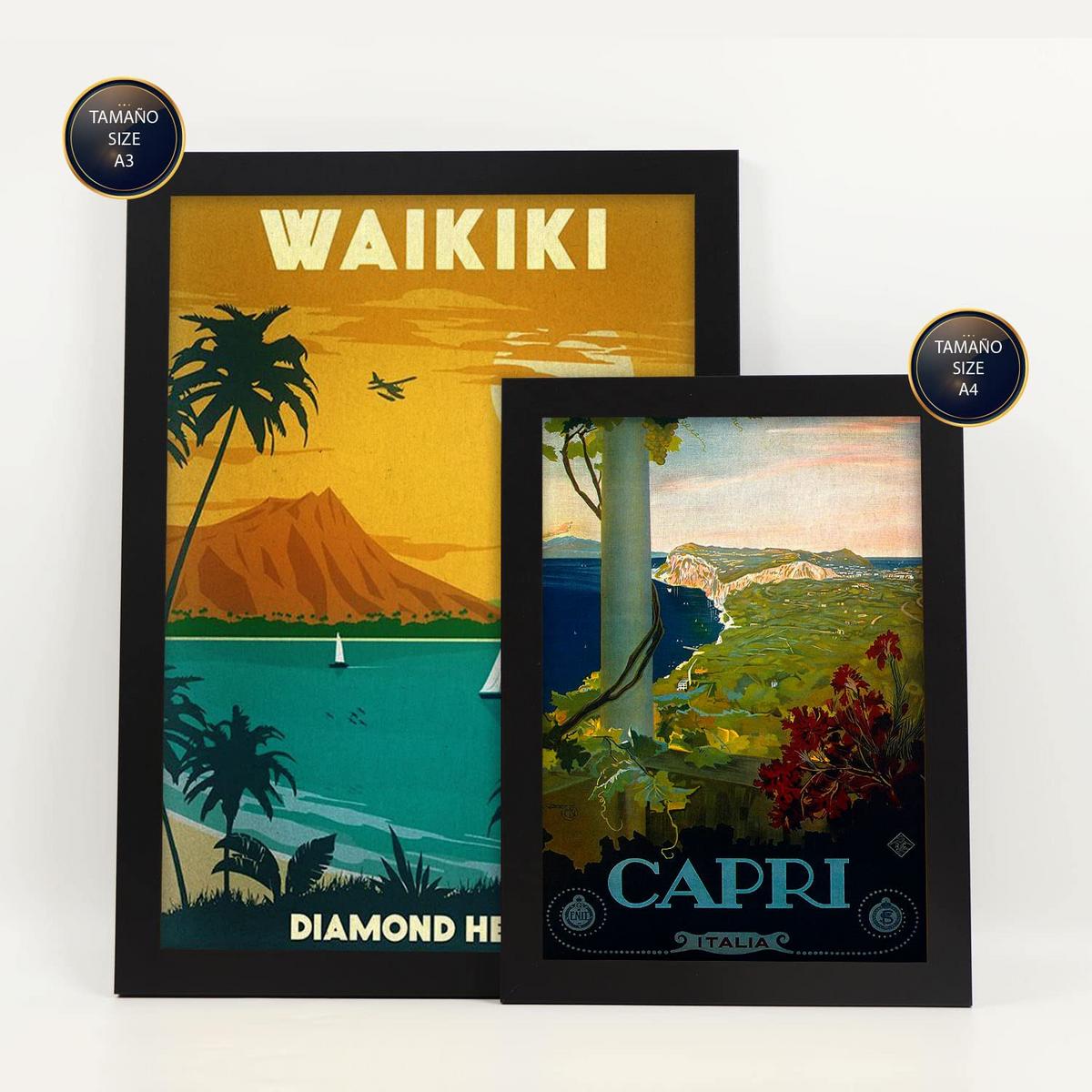 POSTER Set Mit 6 Strände Und Kreuzfahrten Vollfarbige Illustrationen Von Vintage Tourismus Werbetafeln Aus Der Ganzen Welt A3 & A4 Schwarzer Rahmen - Schwarz, Papier (29/3cm) - Nacnic