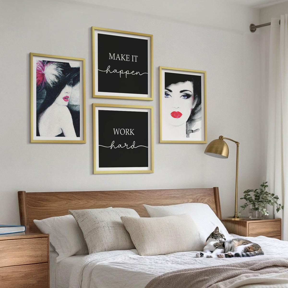 BILDER SET 4er Set - 50x50 cm & 40x60 cm Goldrahmen - Porträts von Frauen mit Lippen - Goldfarben, Kunststoff (50/50cm) - TULUP