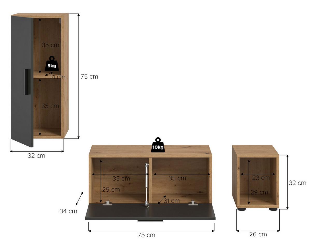 TV-LOWBOARD grau, Eiche Artisan 176 cm, TV Unterteil hängend / stehend - Schwarz/Eiche Artisan, Holzwerkstoff/Kunststoff (176/32/34cm) - Inn.Furn