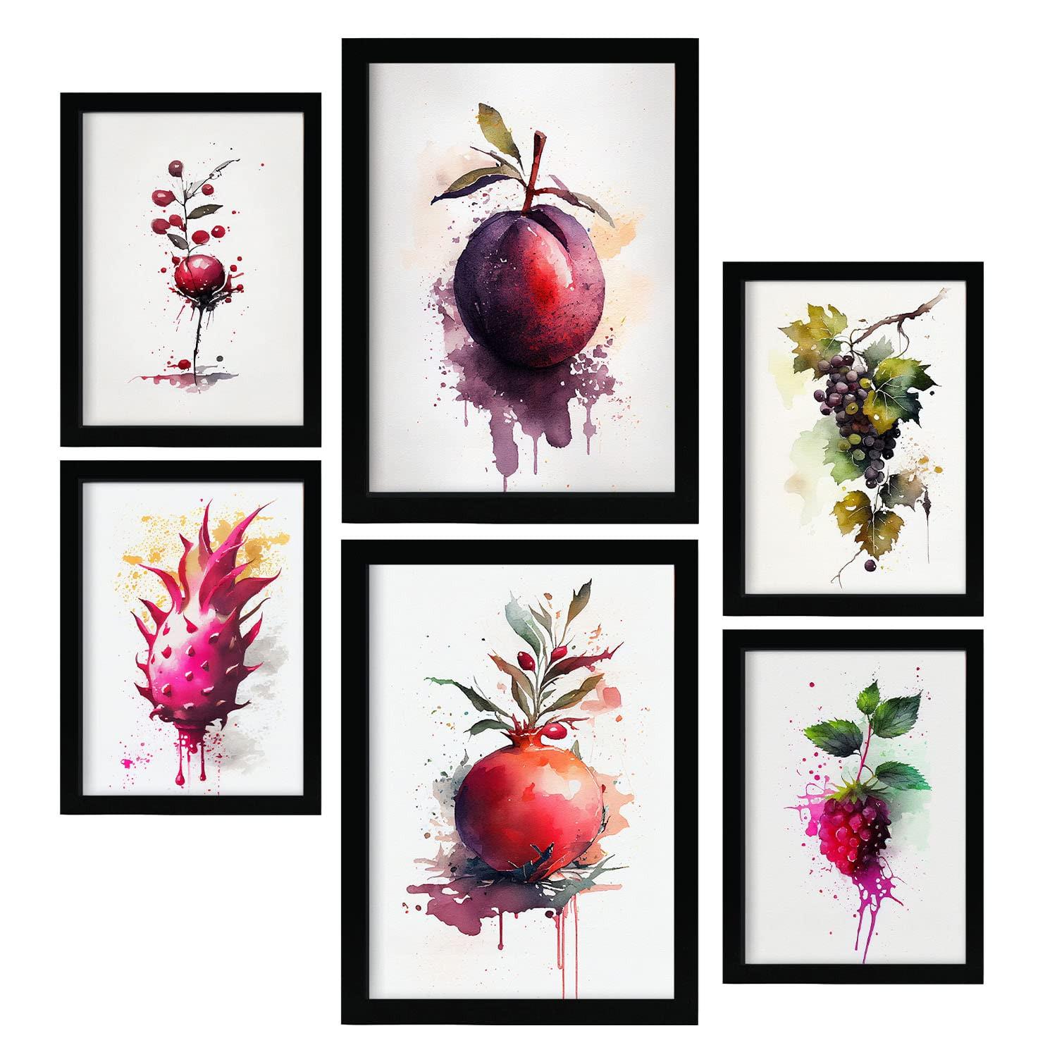 POSTER Set Mit 6 Lila Früchte Plakate Von Obst, Gemüse Im Aquarell Kunst Stil A3 & A4 Rahmenlos - Klar, Papier (29/3cm) - Nacnic