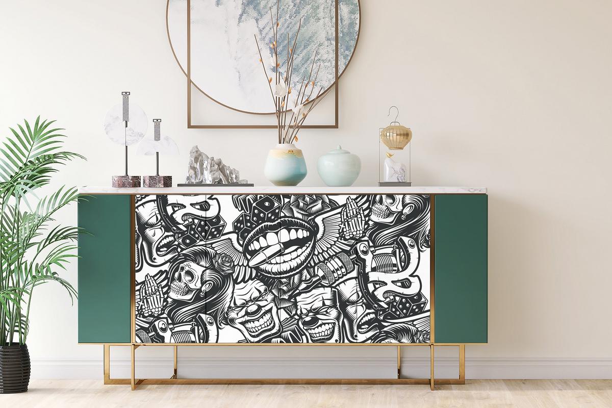 MÖBELAUFKLEBER 100x50 cm Totenkopf-Tattoo - Schwarz, Kunststoff (100/50/50cm) - TULUP