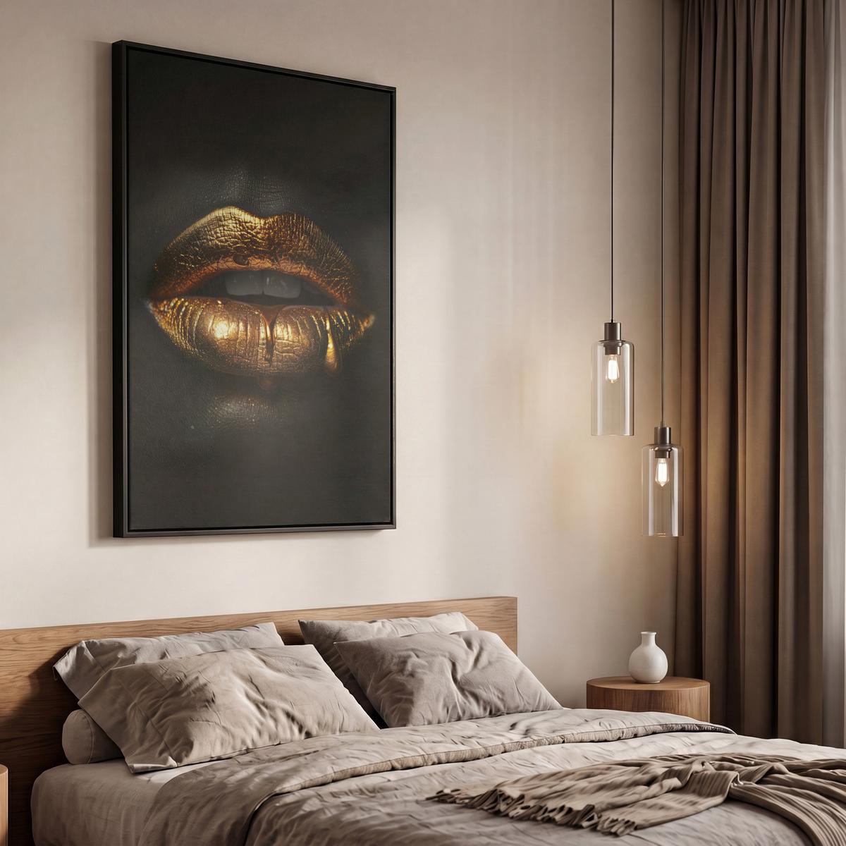 LEINWAND Bilder mit Rahmen - Frau - Porträt - Lippen - Gold - Schwarz - 60x90 - Schwarz, Textil (60/90cm) - MuchoWow