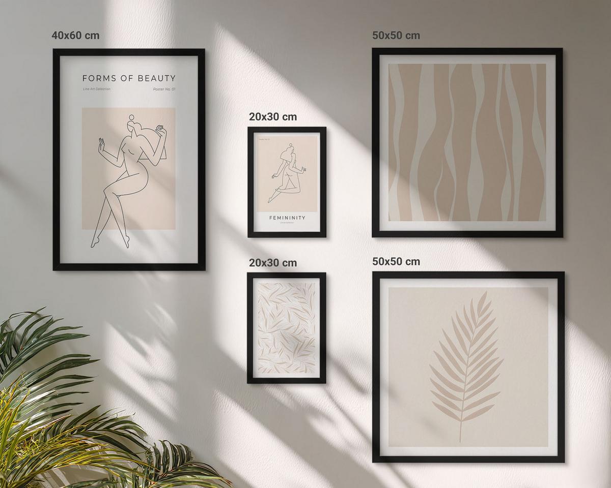 BILDER SET 5er Set - 50x50 cm & 20x30 cm & 40x60 cm Schwarzer Rahmen - Minimalistische Pflanzenmotive - Schwarz, Kunststoff (40/60cm) - TULUP