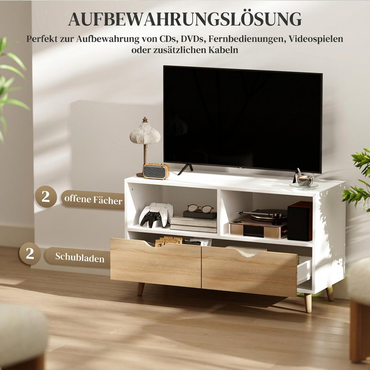 TV-SCHRANK Lowboard mit 2 Ablage, Schublade, Weiß - Weiß, Holzwerkstoff (39/58.3/99cm) - HOMCOM
