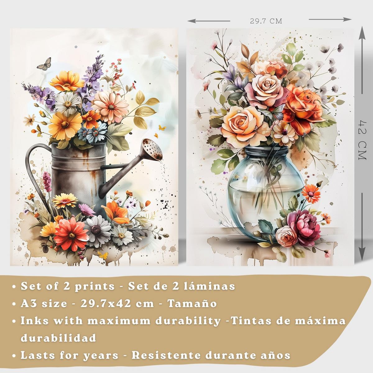 POSTER 2er Set Blumen-Wandbilder Rosen in Vase Botanisches Aquarell Bunt Küche Wohnzimmer Wanddeko Rahmenlos A3 - Beige, Papier (29.7/1/42cm) - Nacnic