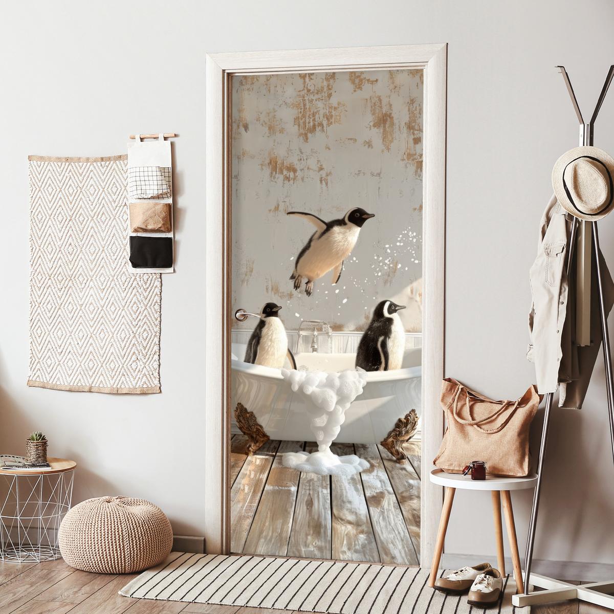 TÜRAUFKLEBER Vintage - Pinguin - Badewanne - Schaumstoff 90x215 cm - Türtapete - Hellbraun, Kunststoff (90/0.1cm) - MuchoWow