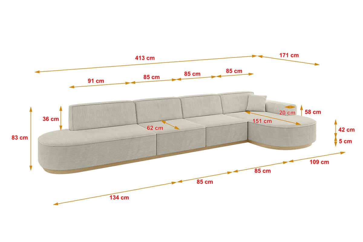 ECKSOFA Ottomane Rechts MARI-L3-v2 - 413x171x83 cm Creme Cord - Hellgrau/Creme, Holzwerkstoff/Textil (171/413cm) - ALTDECOR