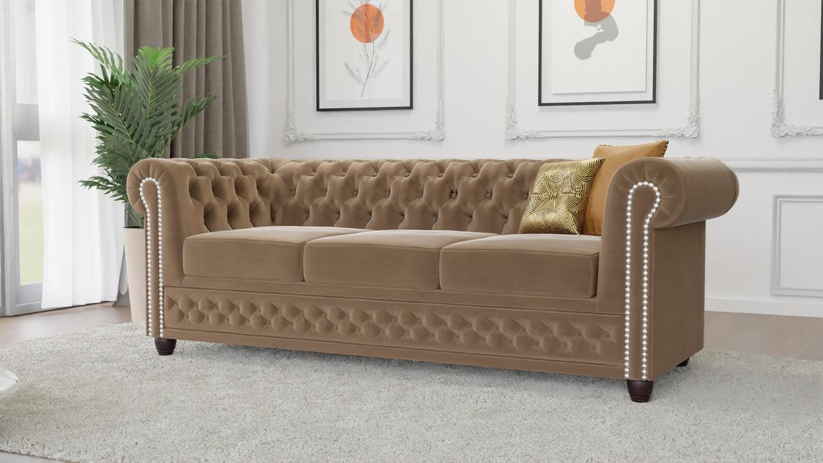CHESTERFIELD-SOFA 3-Sitzer mit Schlaffunktion Nyx Beige Samt - Beige/Braun, Holz/Textil (203/28/86cm) - S-Style Möbel