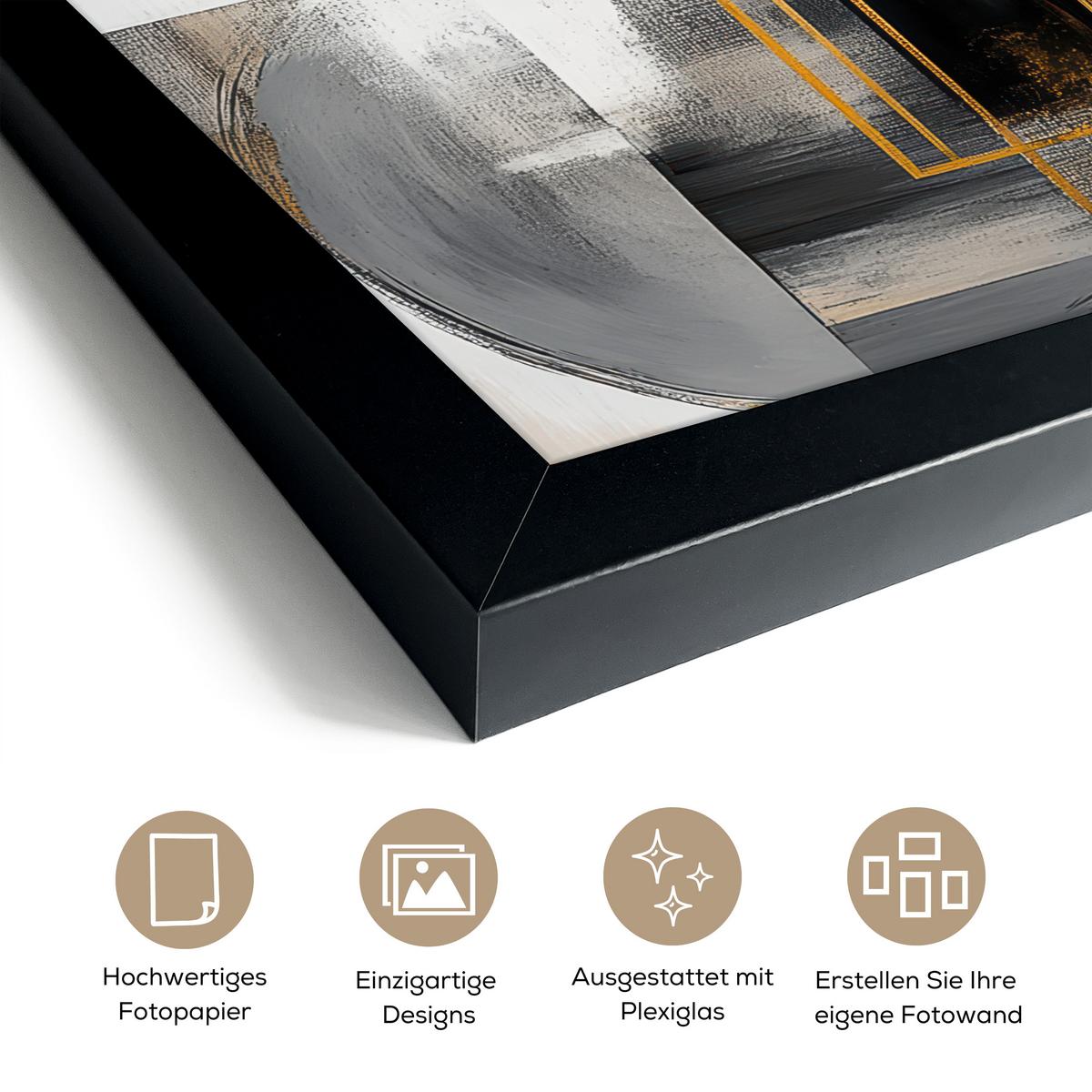 POSTER MIT RAHMENGERAHMTES BILD Abstrakt - Gold - Silber - Formen - Ästhetisch - Modern 40x40 cm - Goldfarben, Papier (40/40cm) - MuchoWow