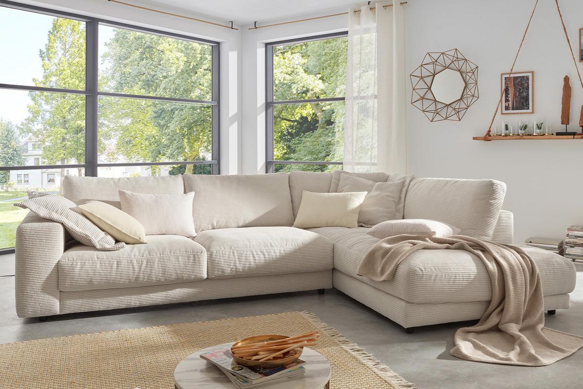 ECKSOFA MADELINE Cremeweiß Cord - Creme/Schwarz, Kunststoff/Textil (325/224cm) - KAWOLA