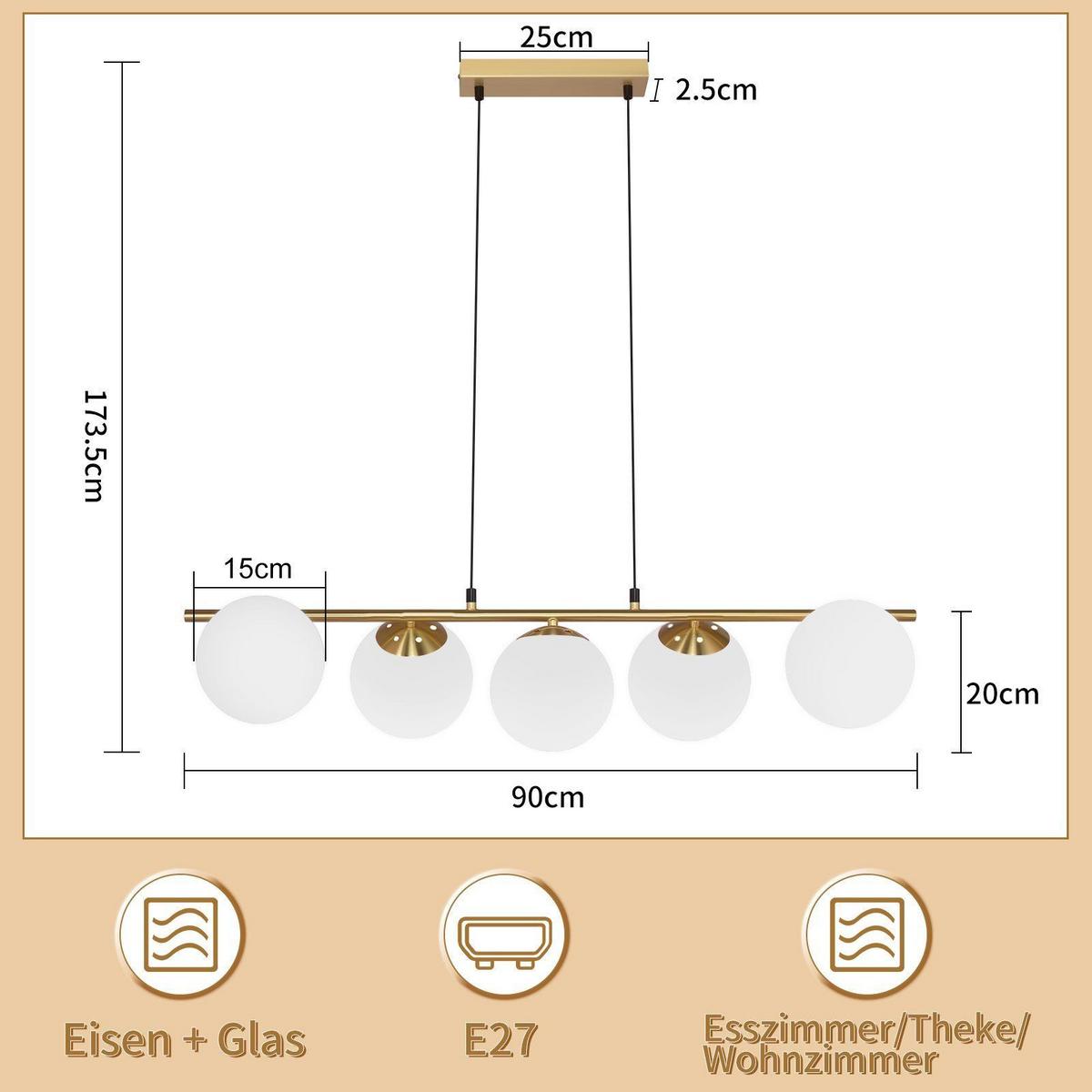 PENDELLEUCHTE Caspian 90/15/173.5 cm - Goldfarben/Weiß, Glas/Metall (90/15/173.5cm) - ZMH