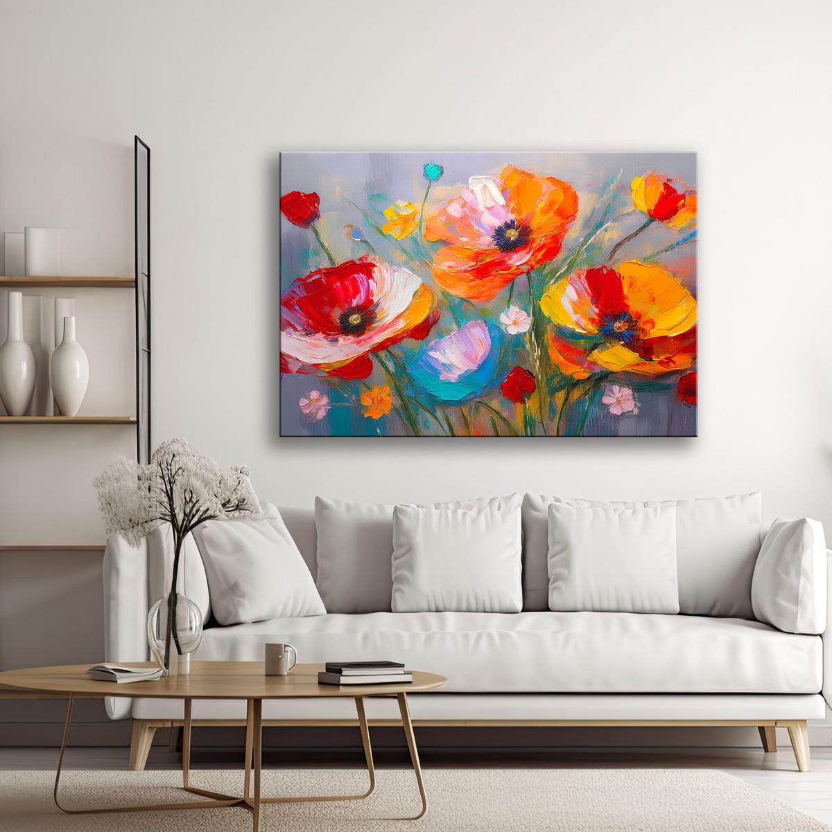WANDBILD farbige mohnblumen auf dem feld gemalt - Multicolor, Textil (60/40cm) - Feeby