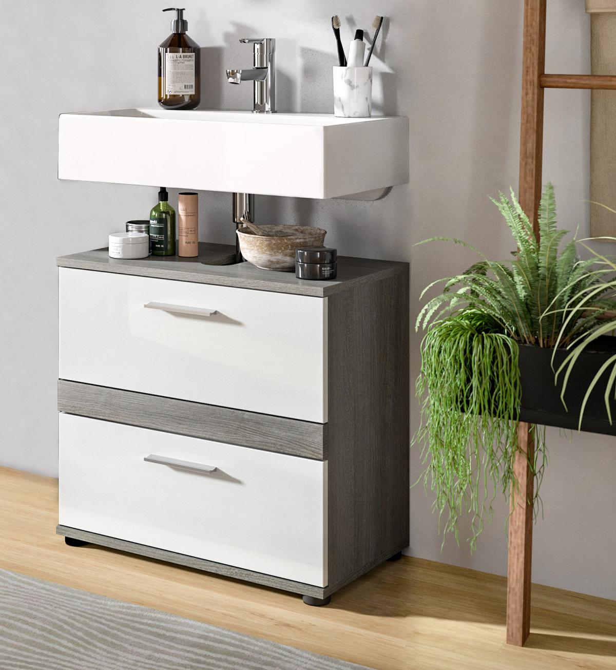 WASCHBECKENUNTERSCHRANK weiß Hochglanz, grau 60 cm, mit Schubkästen - Weiß Hochglanz/Schwarz, Holzwerkstoff/Kunststoff (60/57/34cm) - Inn.Furn
