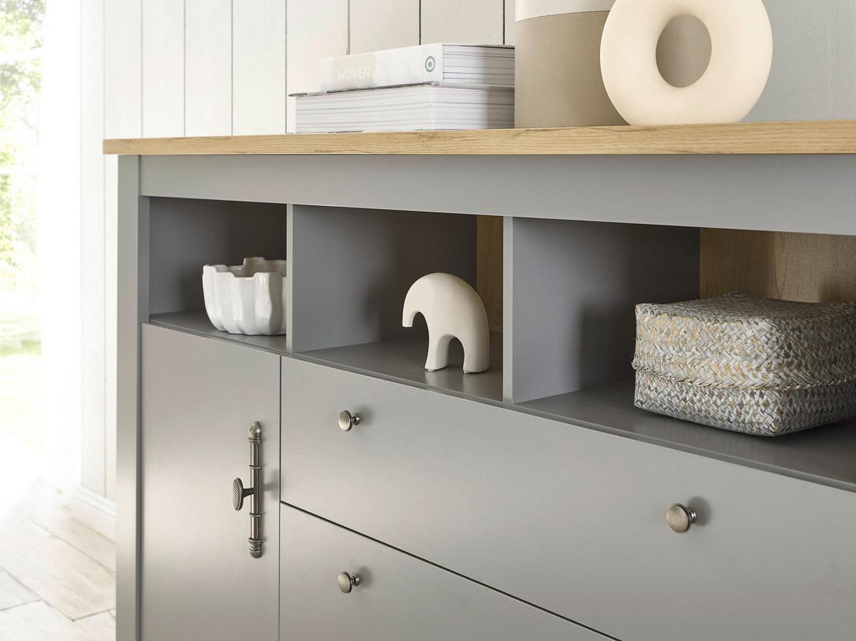 SIDEBOARD grau, Artisan Eiche Landhaus, Kommode 198 x 104 cm - Silberfarben/Hellgrau, Holzwerkstoff/Metall (198/104/44cm) - Furn.Design