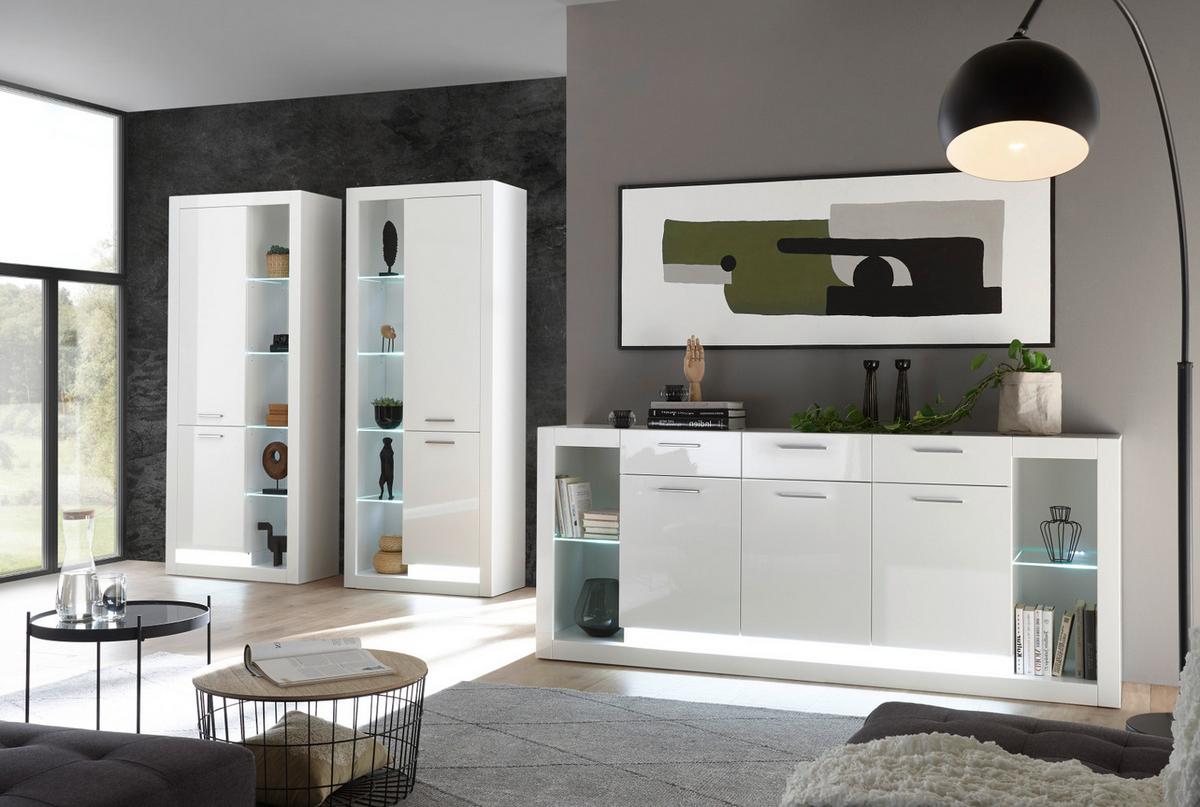 SIDEBOARD weiß Hochglanz 150 cm, Kommode mit viel Stauraum - Weiß Hochglanz/Silberfarben, Glas/Holzwerkstoff (150/83/43cm) - Furn.Design