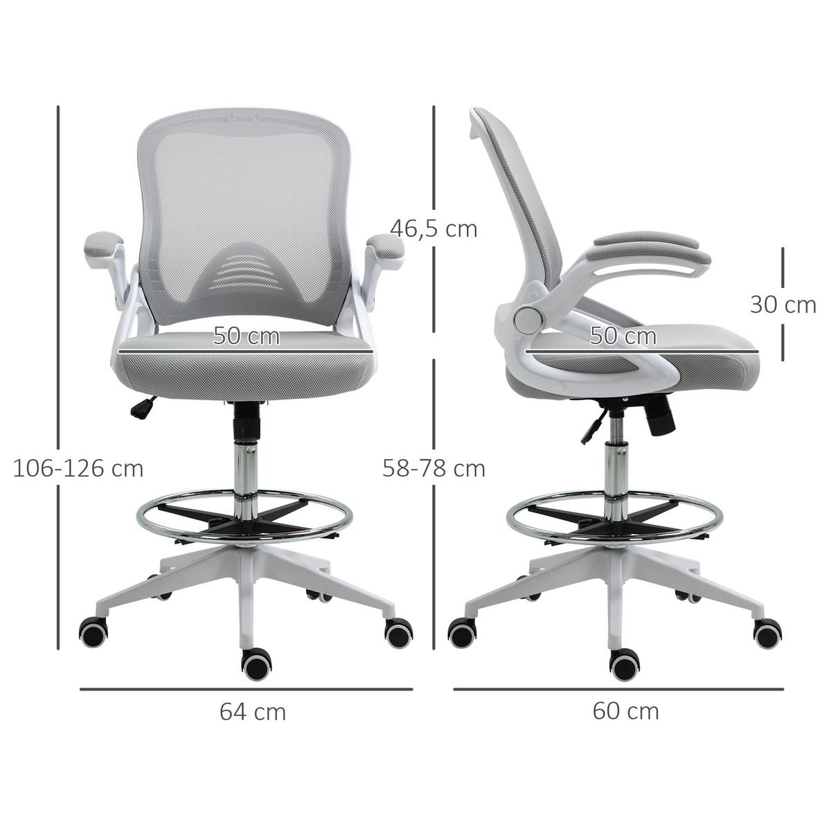 BÜROSTUHL Ergonomischer Schreibtischstuhl mit Hochklappbaren Armlehnen Netz - Hellgrau, Kunststoff (60/126/64cm) - Vinsetto