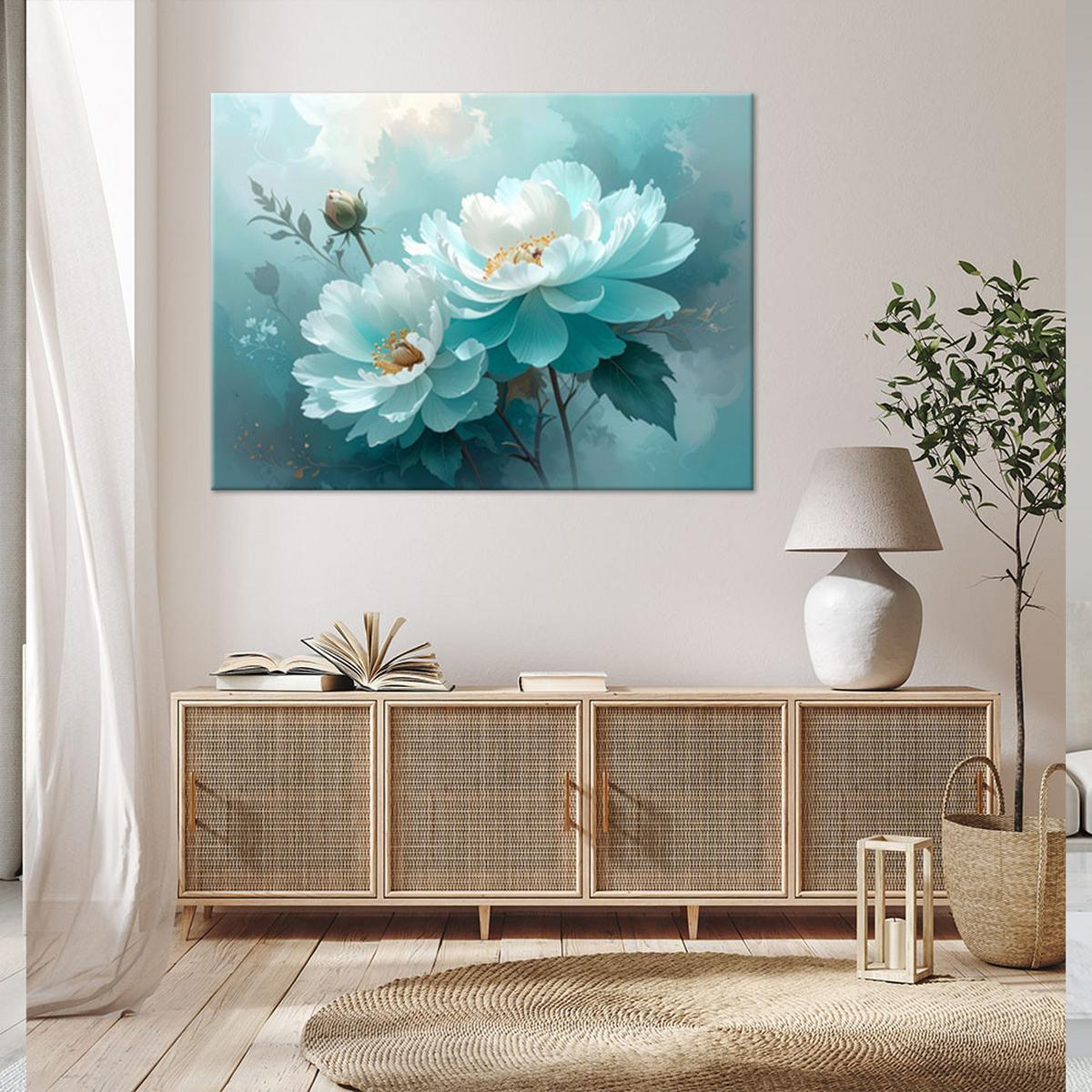 BILD auf Leinwand, Türkisfarbene Pfingstrosen in einer pastellfarbenen dekorativen Komposition - Türkis, Textil (120/80cm) - Feeby