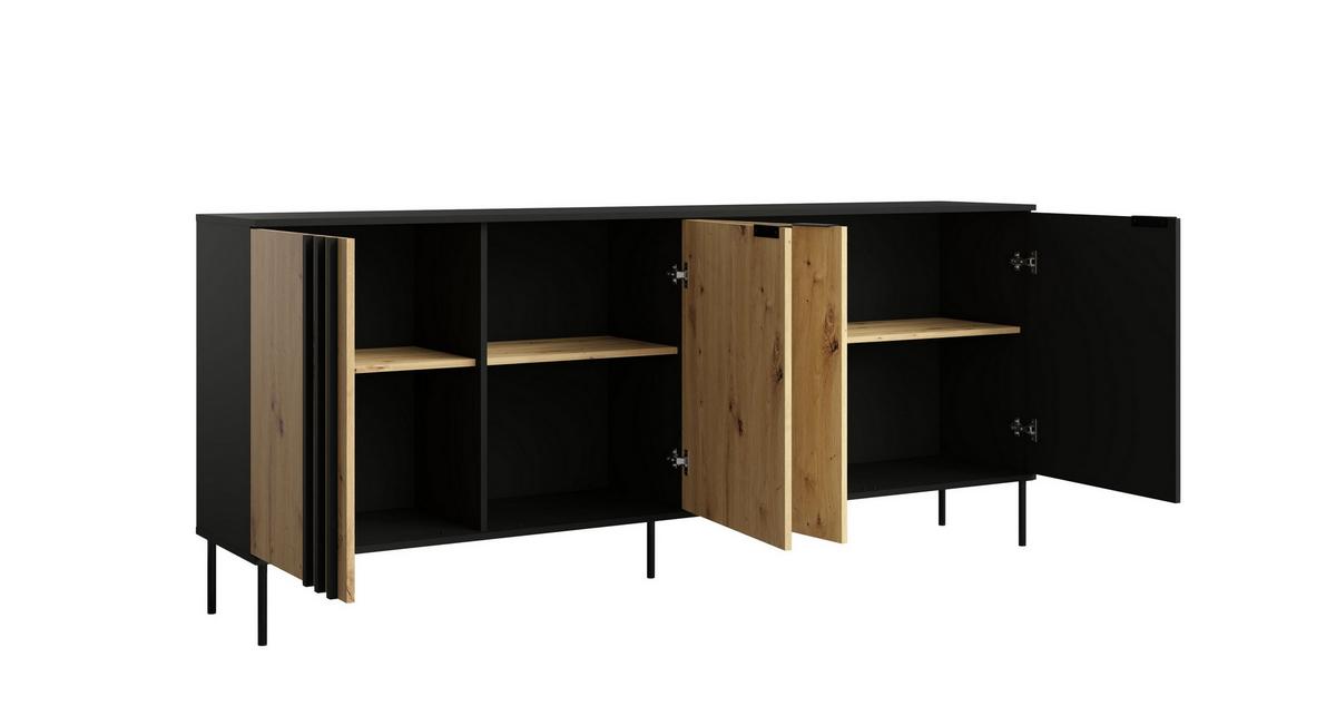 KOMMODE MERIDIAN 220/92/40cm mit Schubladen 4 Türen Eichefarben - Eichefarben/Schwarz, Holzwerkstoff (220/92/40cm) - MASSENO