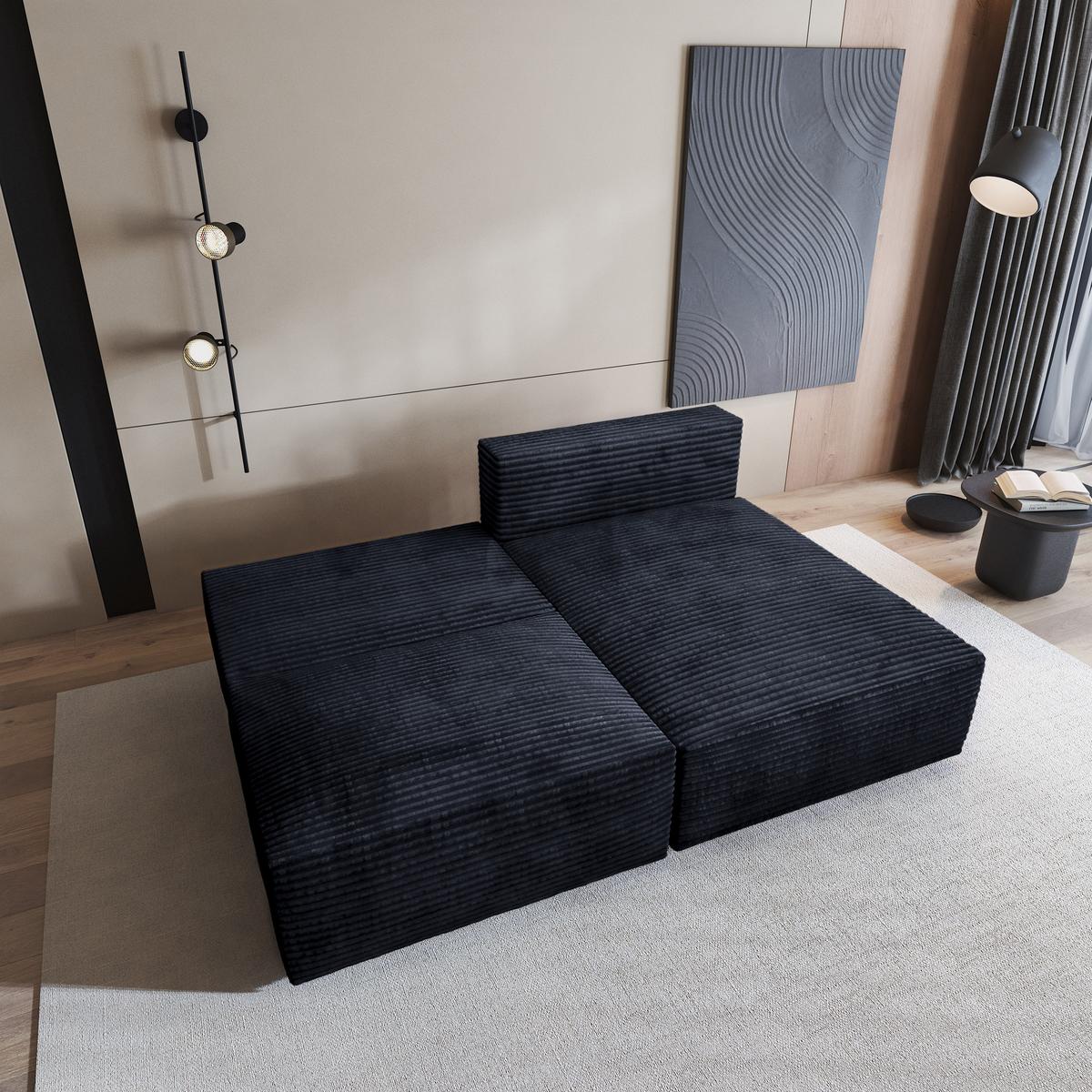 ECKSOFA FIORO Schwarz Kordstoff mit Schlaffunktion - Schwarz, Holz (204/148cm) - MASSENO