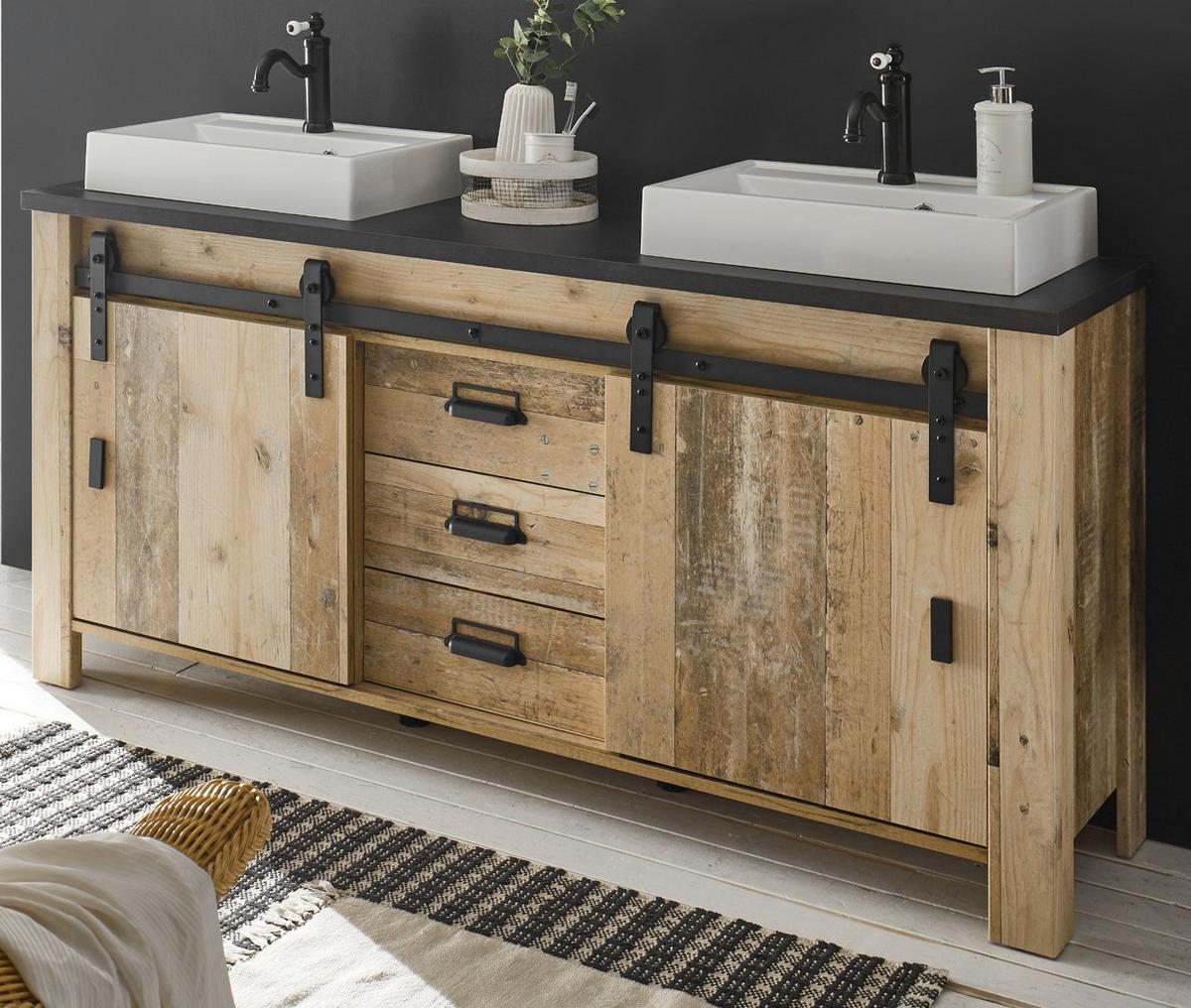 DOPPELWASCHTISCH Used Wood hell, anthrazit, Waschtisch Komplett-Set inkl. 2x Waschbecken, 164 cm - Eichefarben/Anthrazit, Holz/Holzwerkstoff (164/81/43cm) - Furn.Design