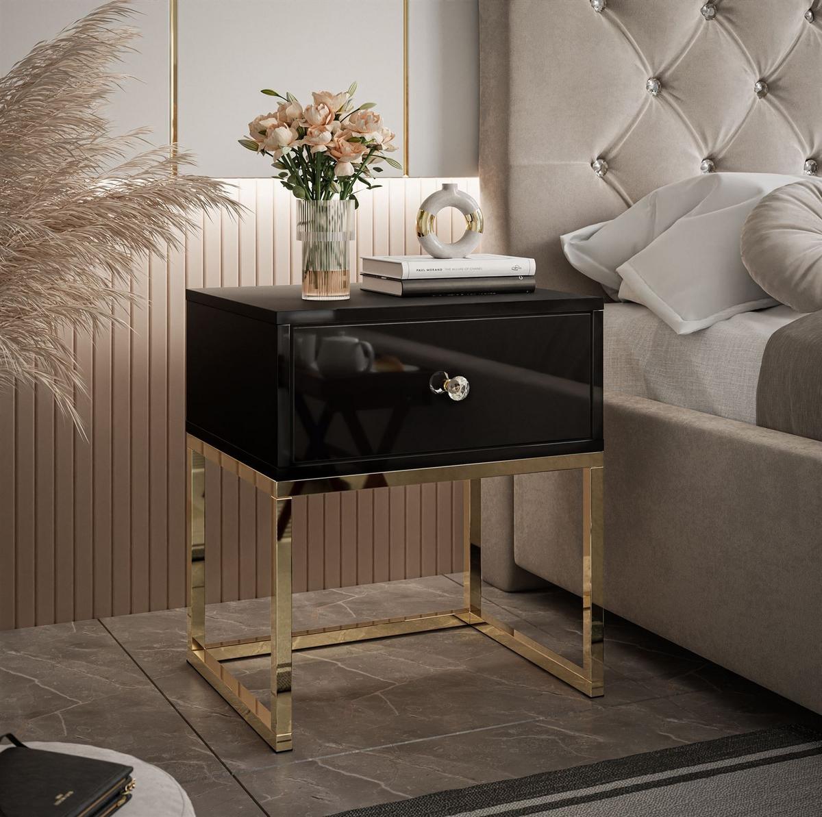 NACHTTISCH BLANCO GOLD Schwarz auf goldenem verchromtem Gestell Kristallgriff - Schwarz Hochglanz/Goldfarben, Holzwerkstoff (45/52/36.6cm) - Lookway