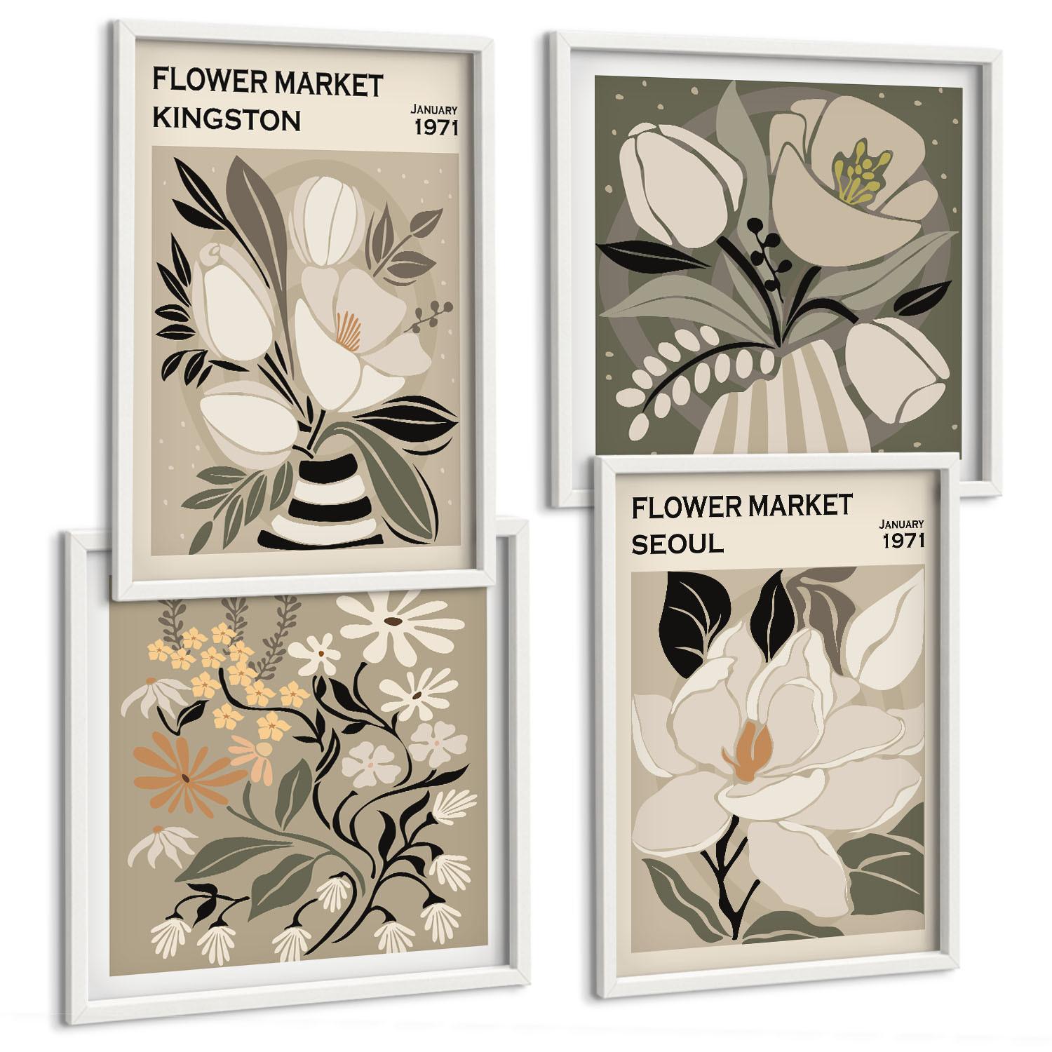 BILDER SET 4er Set - 50x50 cm & 40x60 cm Weißer Rahmen - Kingston Seoul Retro-Blumen - Weiß, Kunststoff (50/50cm) - TULUP