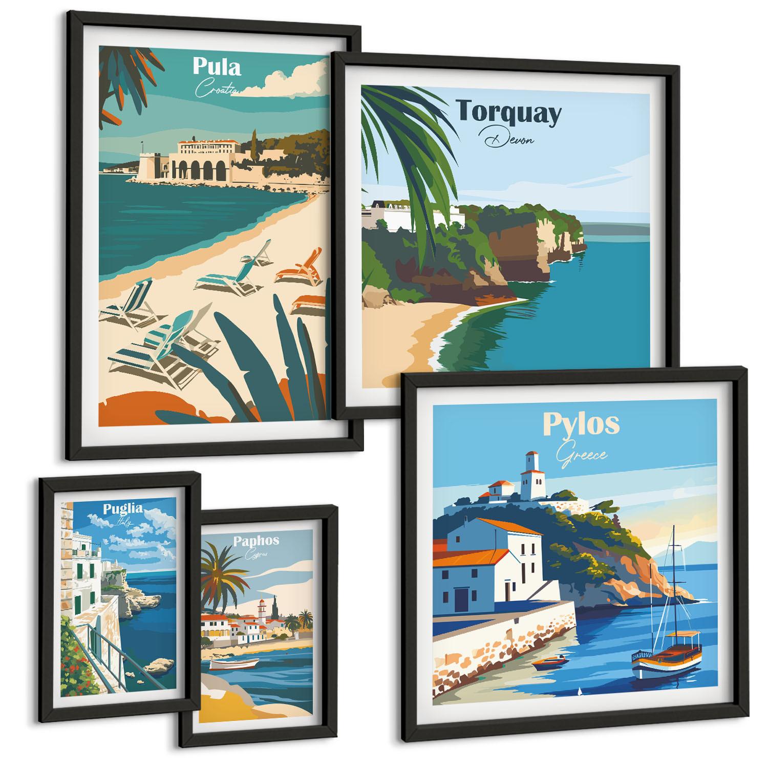 BILDER SET 5er Set - 50x50 cm & 20x30 cm & 40x60 cm Schwarzer Rahmen - Italienische Küstenstädte - Schwarz, Kunststoff (40/60cm) - TULUP