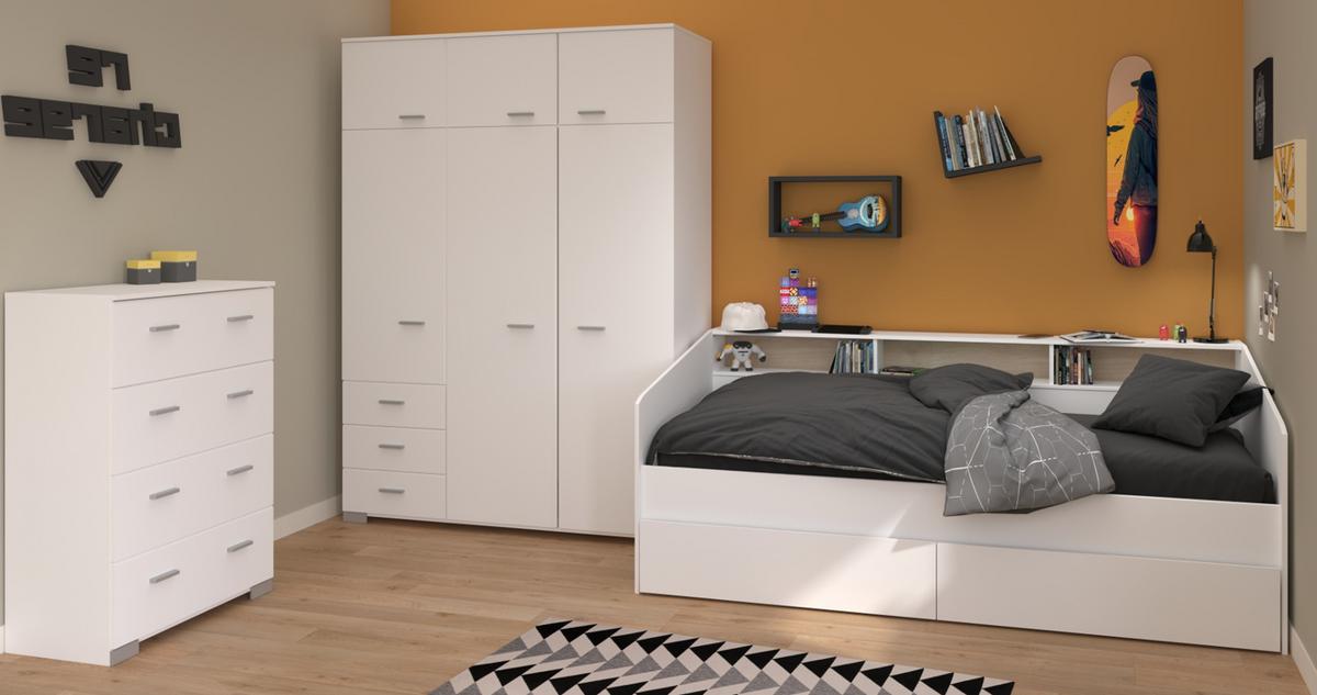 KINDERZIMMER Set 3-tlg. Kleiderschrank Kommode Bett 90x200 cm - Silberfarben/Weiß, Holz/Holzwerkstoff (206/203/113cm) - Parisot Meuble