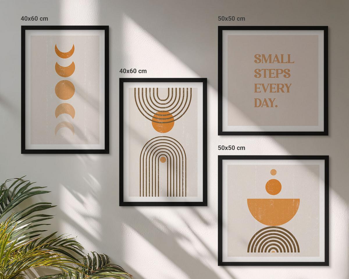 BILDER SET 4er Set - 50x50 cm & 40x60 cm Schwarzer Rahmen - Minimalistische Boho-Muster - Schwarz, Kunststoff (50/50cm) - TULUP