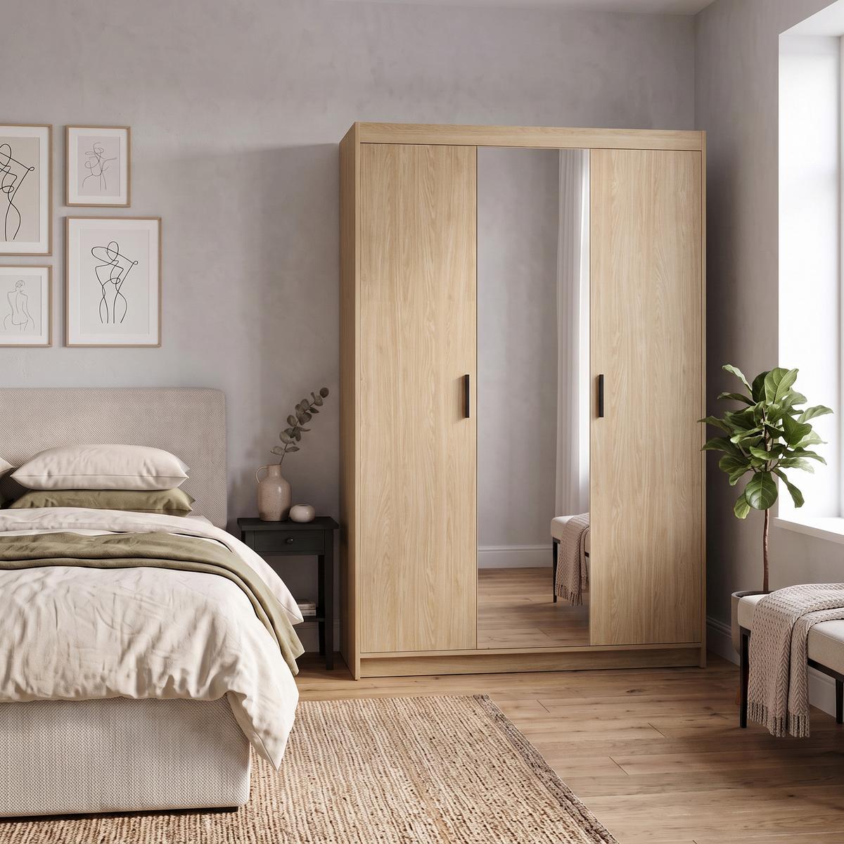 DREHTÜRENSCHRANK Elena mit 3 Türen, mit Spiegel, Eiche Geölt - Eichefarben, Holzwerkstoff (130/190/53cm) - Beautysofa