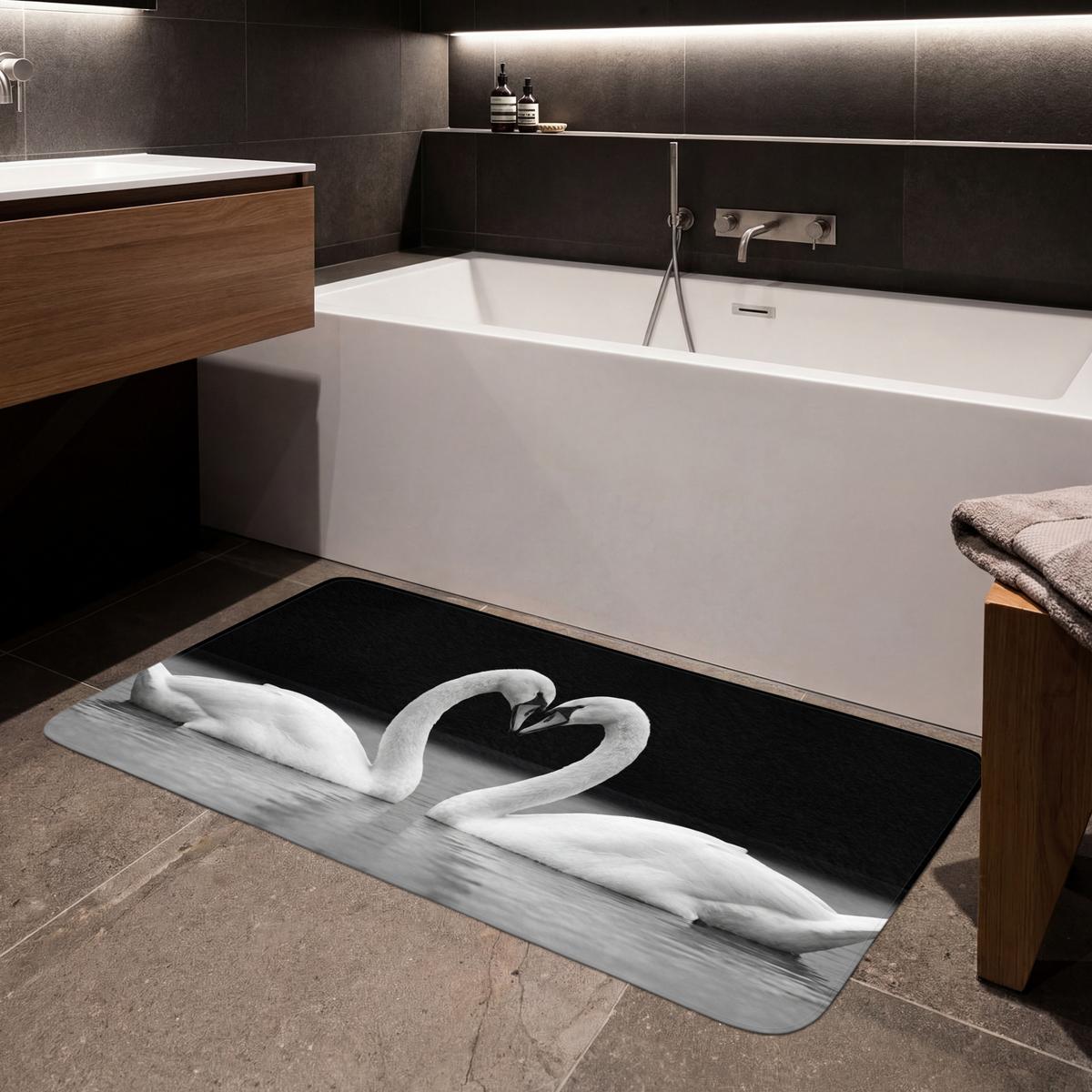 BADEMATTE Schwäne - Herz - Schwarz - Weiß 120x60 cm - Schwarz, Textil (120/60cm) - OnlyWow