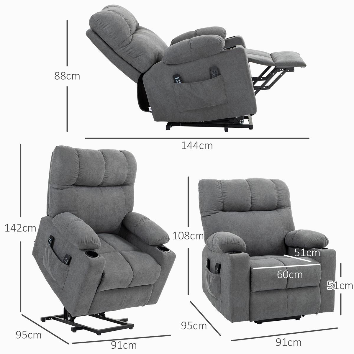 FERNSEHSESSEL mit Aufstehhilfe, Grau - Schwarz/Grau, Textil/Metall (95/109/91cm) - HOMCOM