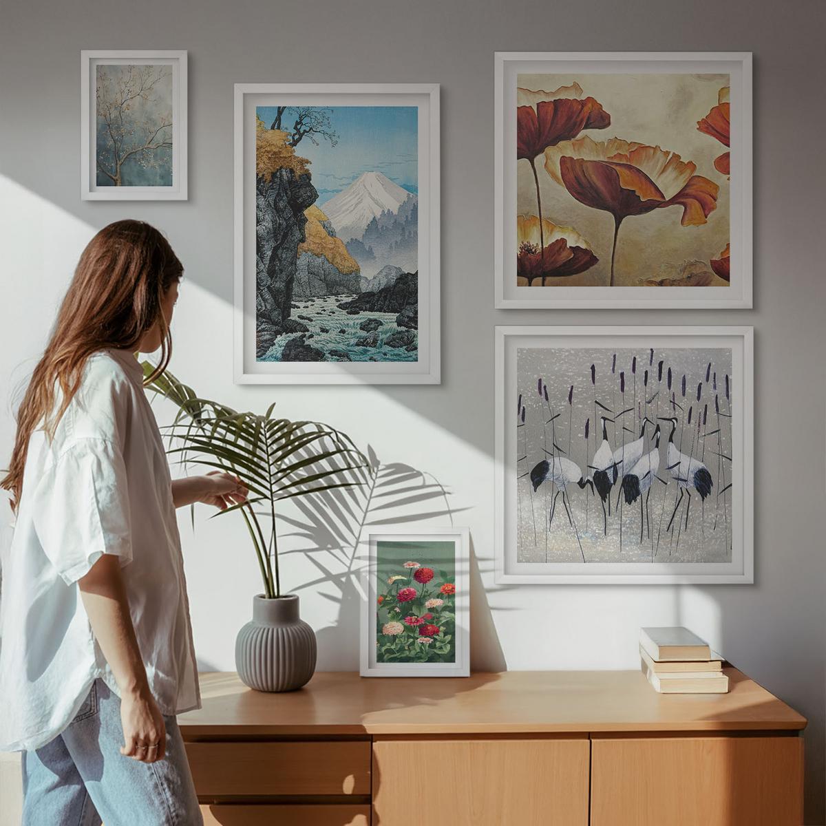 BILDER SET 5er Set - 50x50 cm & 20x30 cm & 40x60 cm Weißer Rahmen - Tropische Pflanzen, Pflanzenliebhaberin - Weiß, Kunststoff (40/60cm) - TULUP
