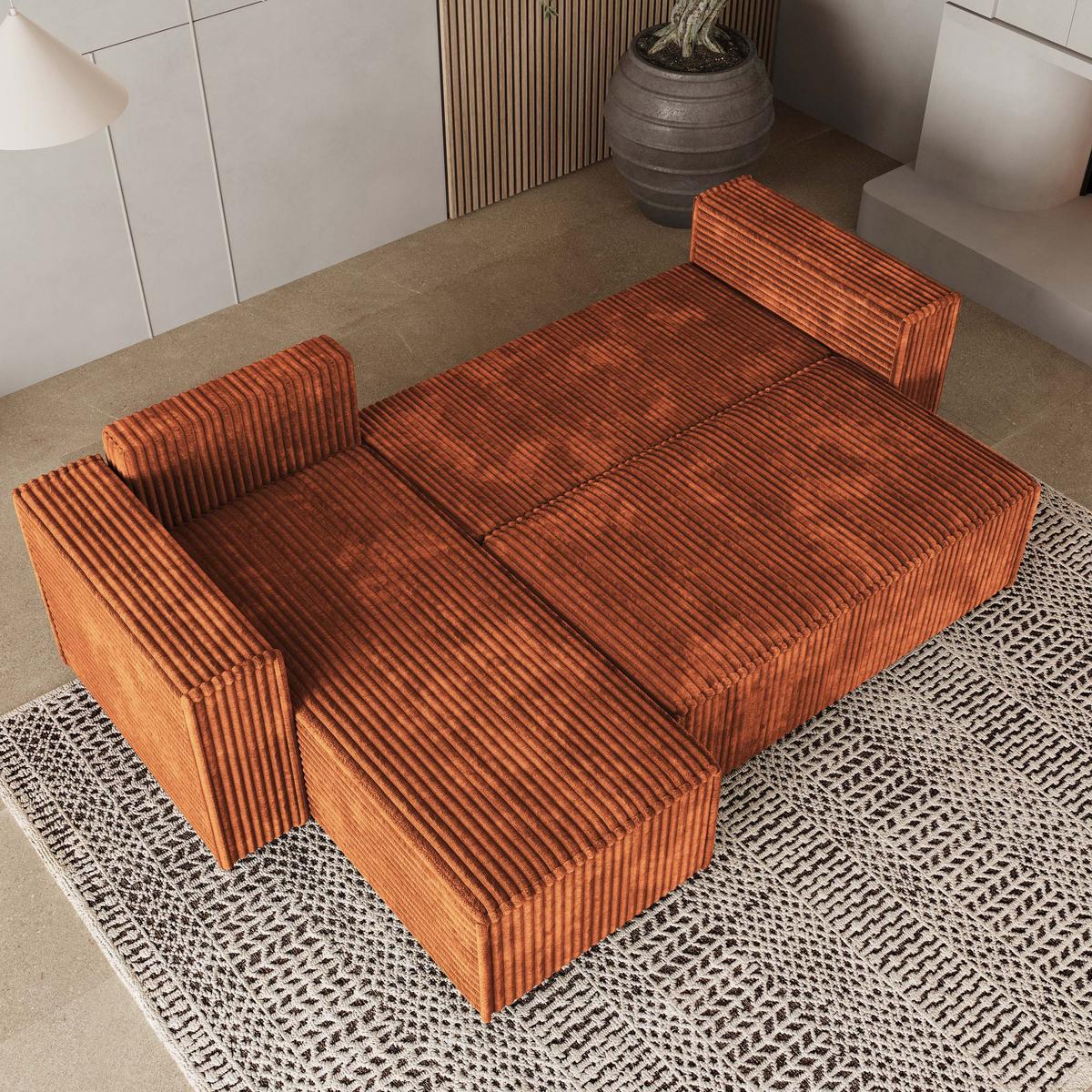 ECKSOFA RAVELO T Braun Kordstoff mit Schlaffunktion - Braun/Grau, Holz/Kunststoff (240/140cm) - MASSENO