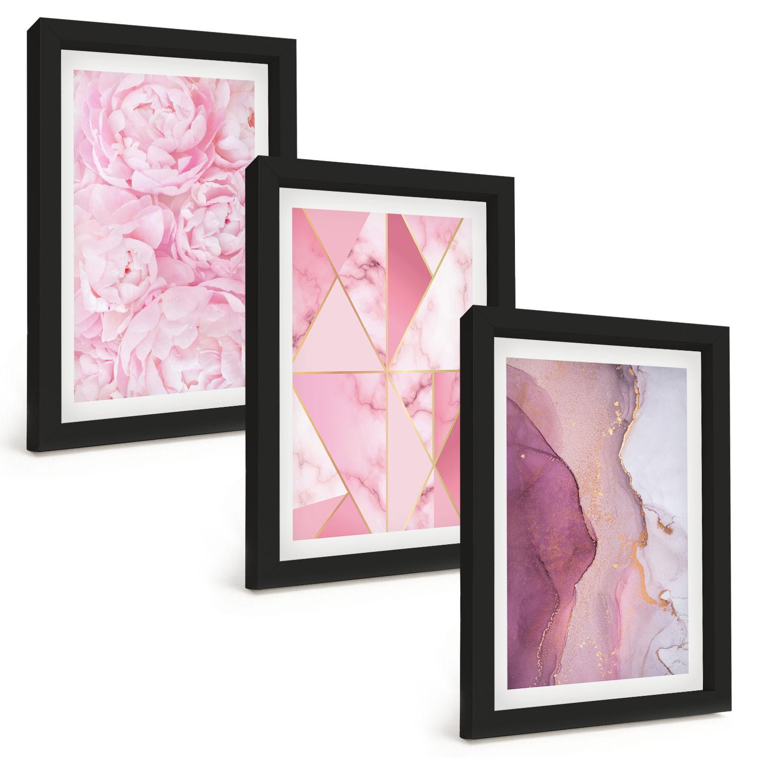 BILDER SET 3er Set - 20x30 cm Schwarzer Rahmen - Rosa geometrische Pfingstrosen - Schwarz, Kunststoff (20/30cm) - TULUP
