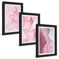 BILDER SET 3er Set - 20x30 cm Schwarzer Rahmen - Rosa geometrische Pfingstrosen - Schwarz, Kunststoff (20/30cm) - TULUP
