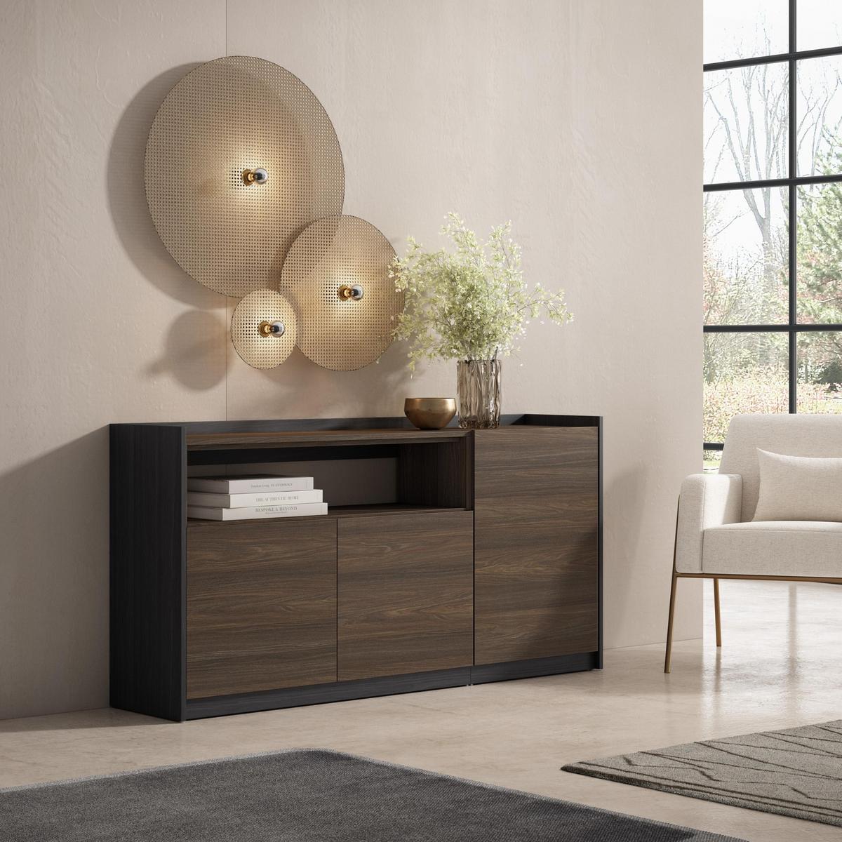 SIDEBOARD, Highboard, Dunkler Eiche und Schwarz, 156/37/80cm - Hellbraun, Holzwerkstoff (156/80/37cm) - Skraut Home