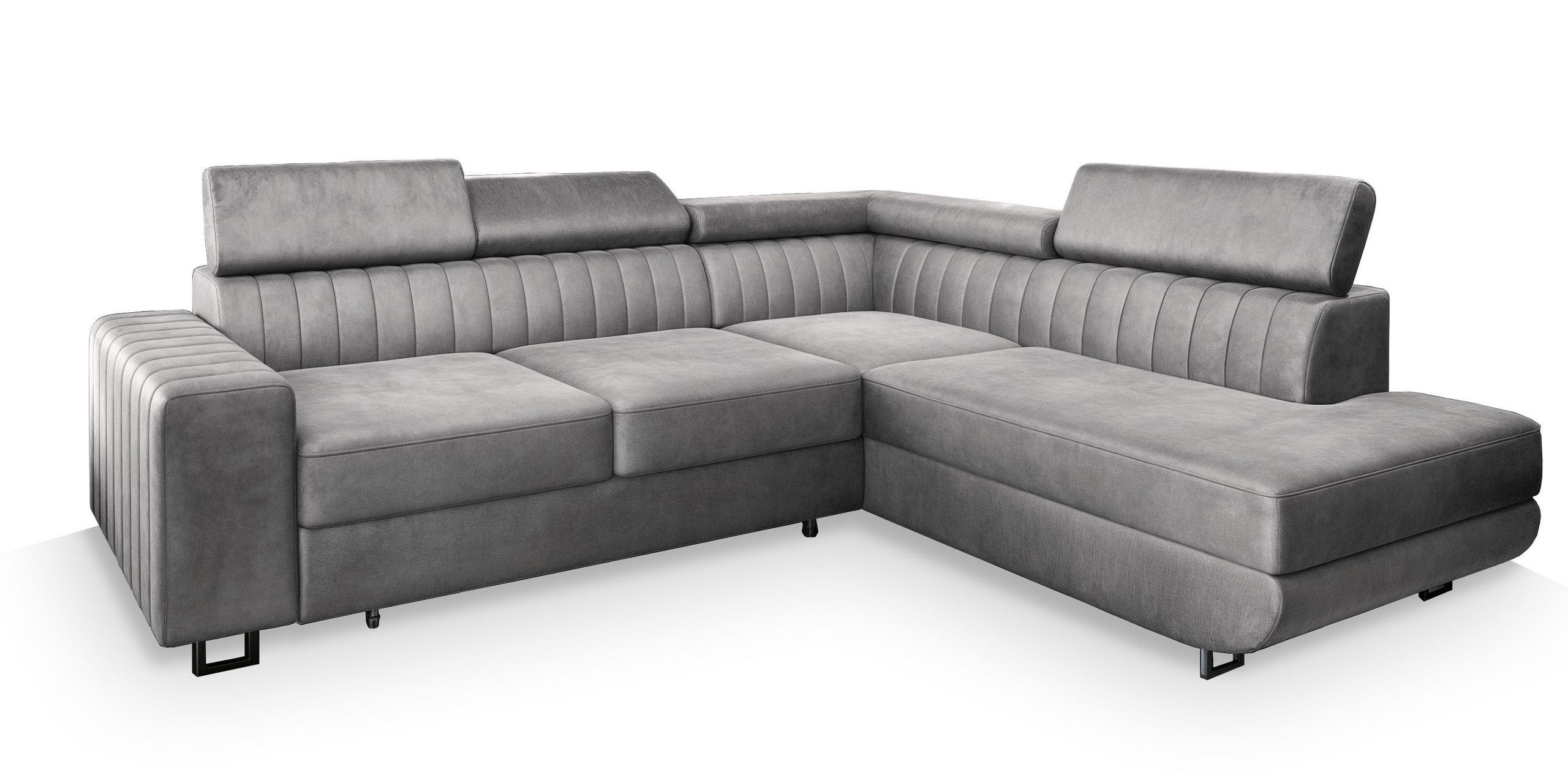 ECKSOFA NOLA R-S Hellgrau Velours-Stoff mit Schlaffunktion - Silberfarben/Hellgrau, Holz/Textil (253/190cm) - MASSENO